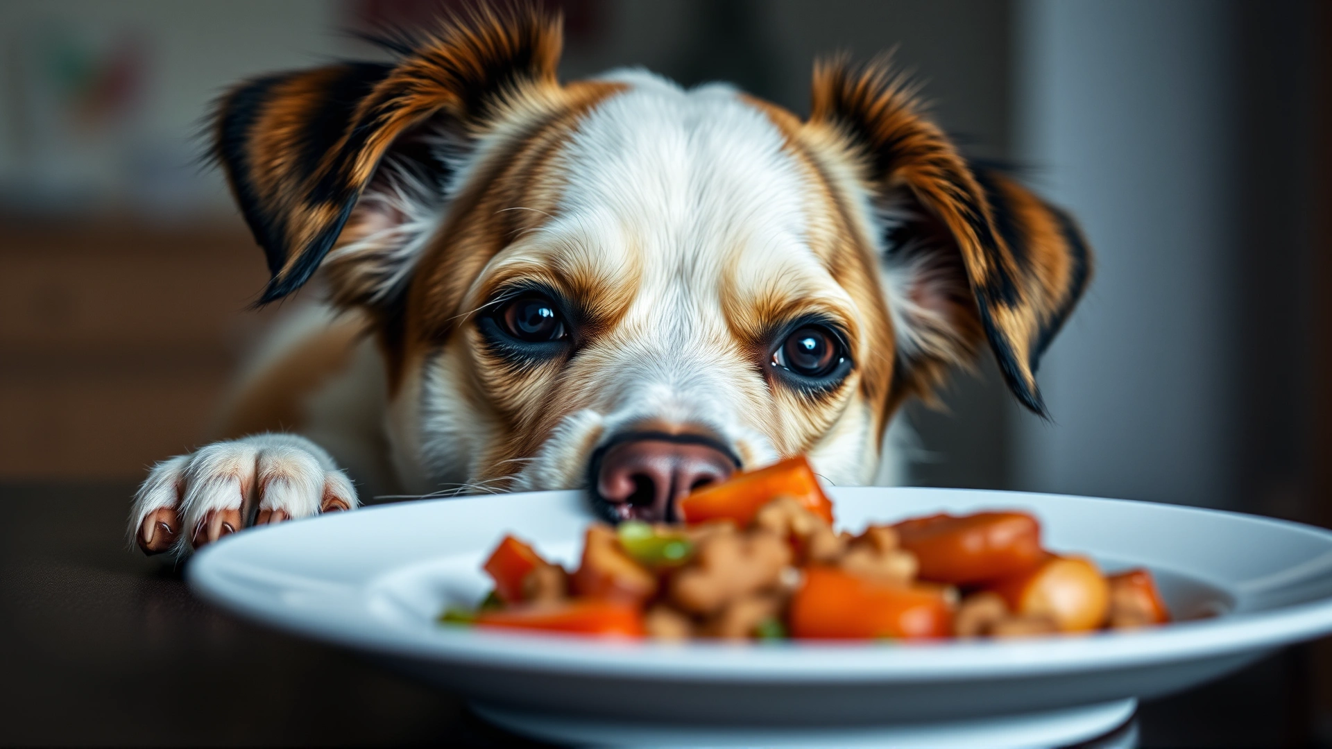 Close-up of a dog with pleading eyes resting its head on a table edge looking at a plate of food, shallow depth of field.