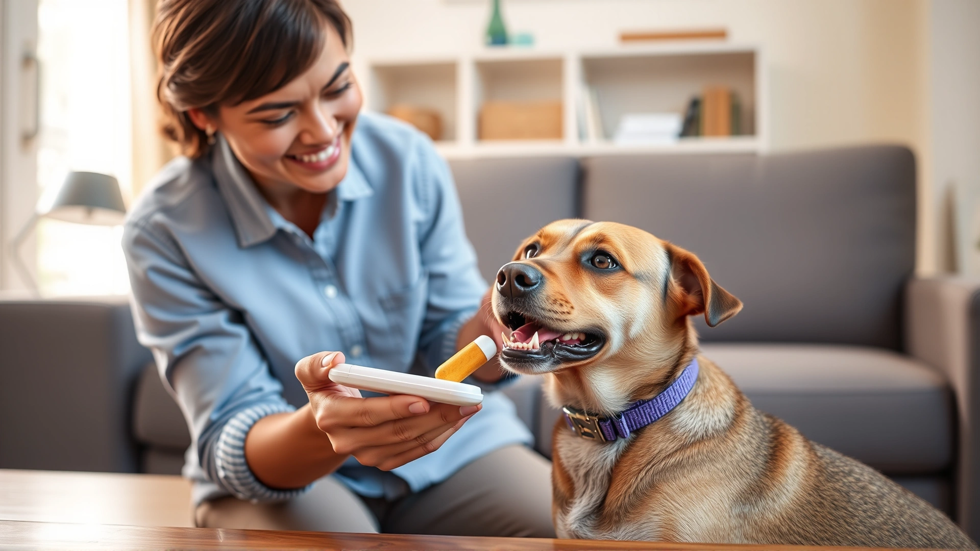 Owner giving a small tablet to a medium-sized dog using a pill pocket treat, living room background, natural warm light