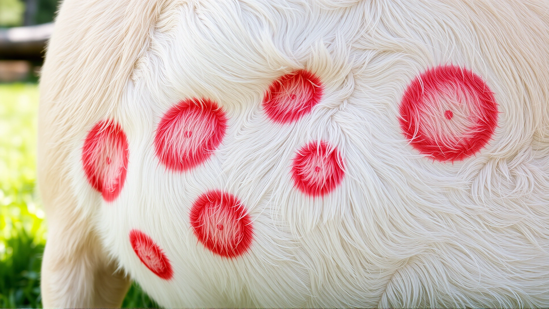 High-resolution photo of a dog’s light-colored belly displaying several red circular bite marks in sharp focus, taken outdoors in natural light