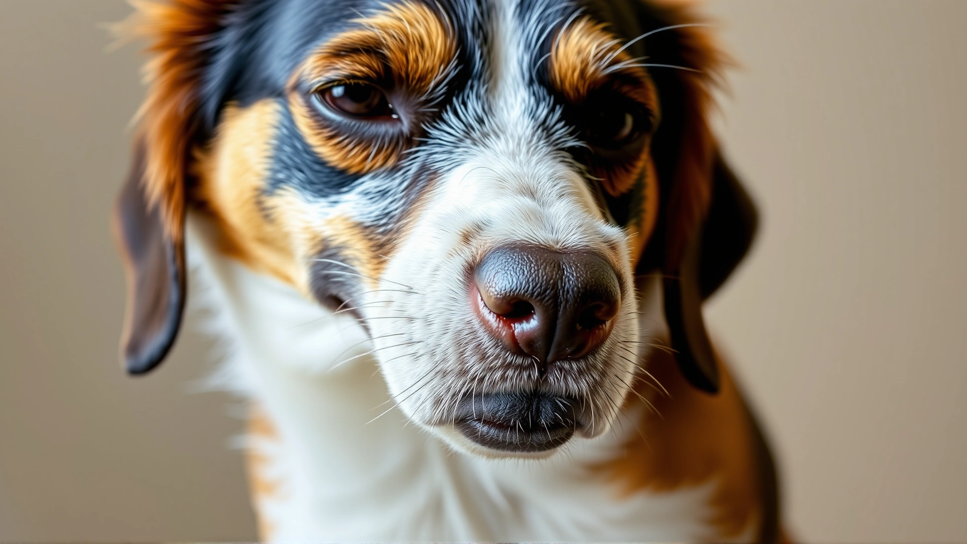 Close-up of a curious dog tilting its head slightly while looking down at its own belly, conveying the idea of listening to stomach sounds; neutral background.