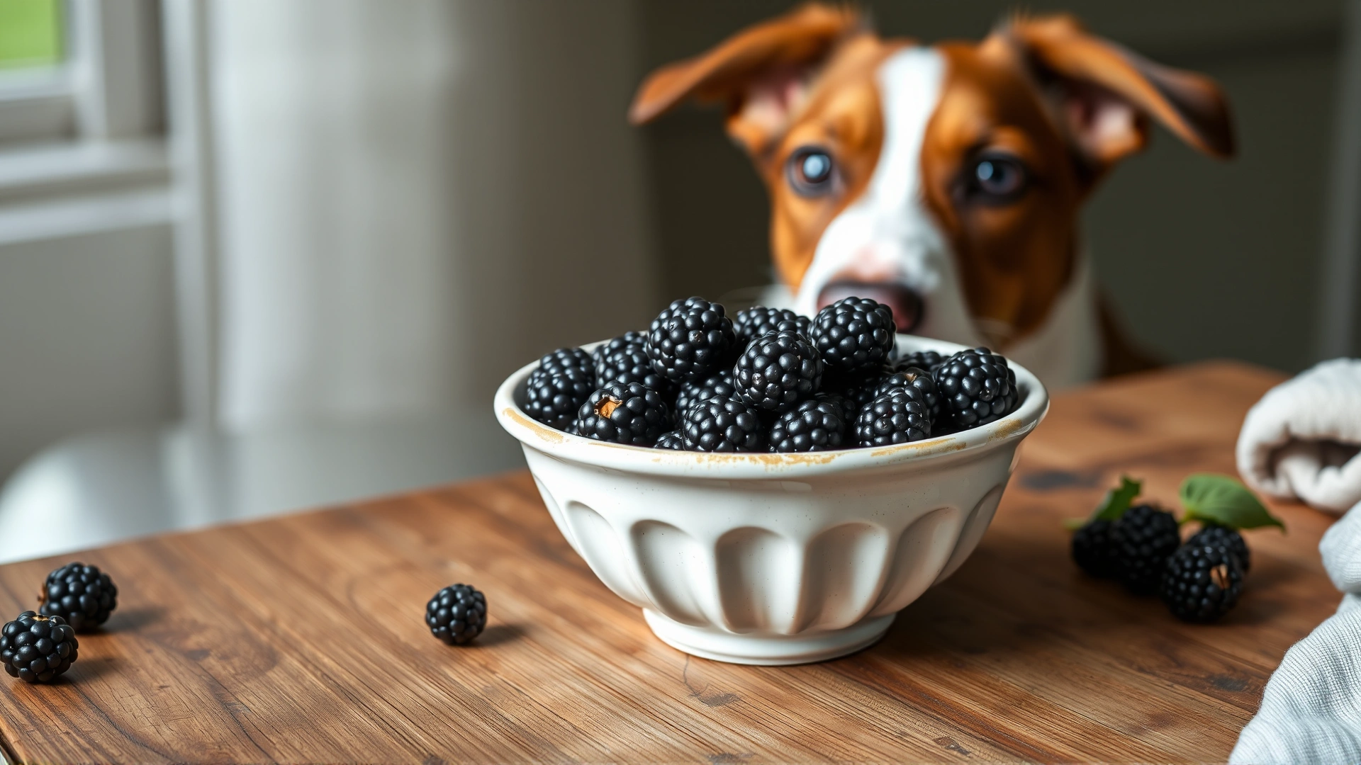 Ceramic bowl filled with fresh blackberries on a wooden table next to a curious dog nose approaching, rustic style