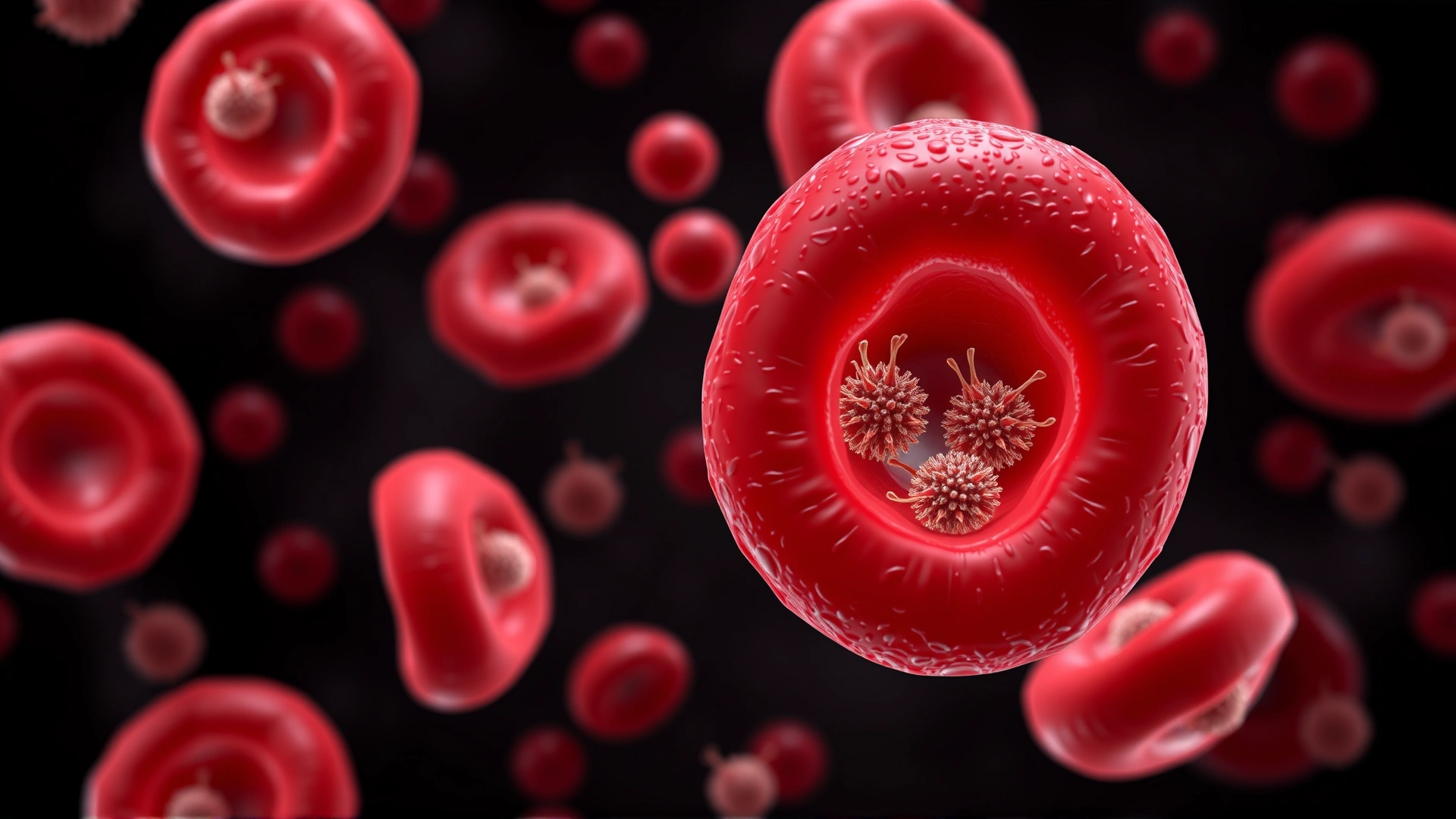 3D medical illustration of canine red blood cells with small fibrin clots forming inside blood vessels, on a dark background, highly detailed, no text.