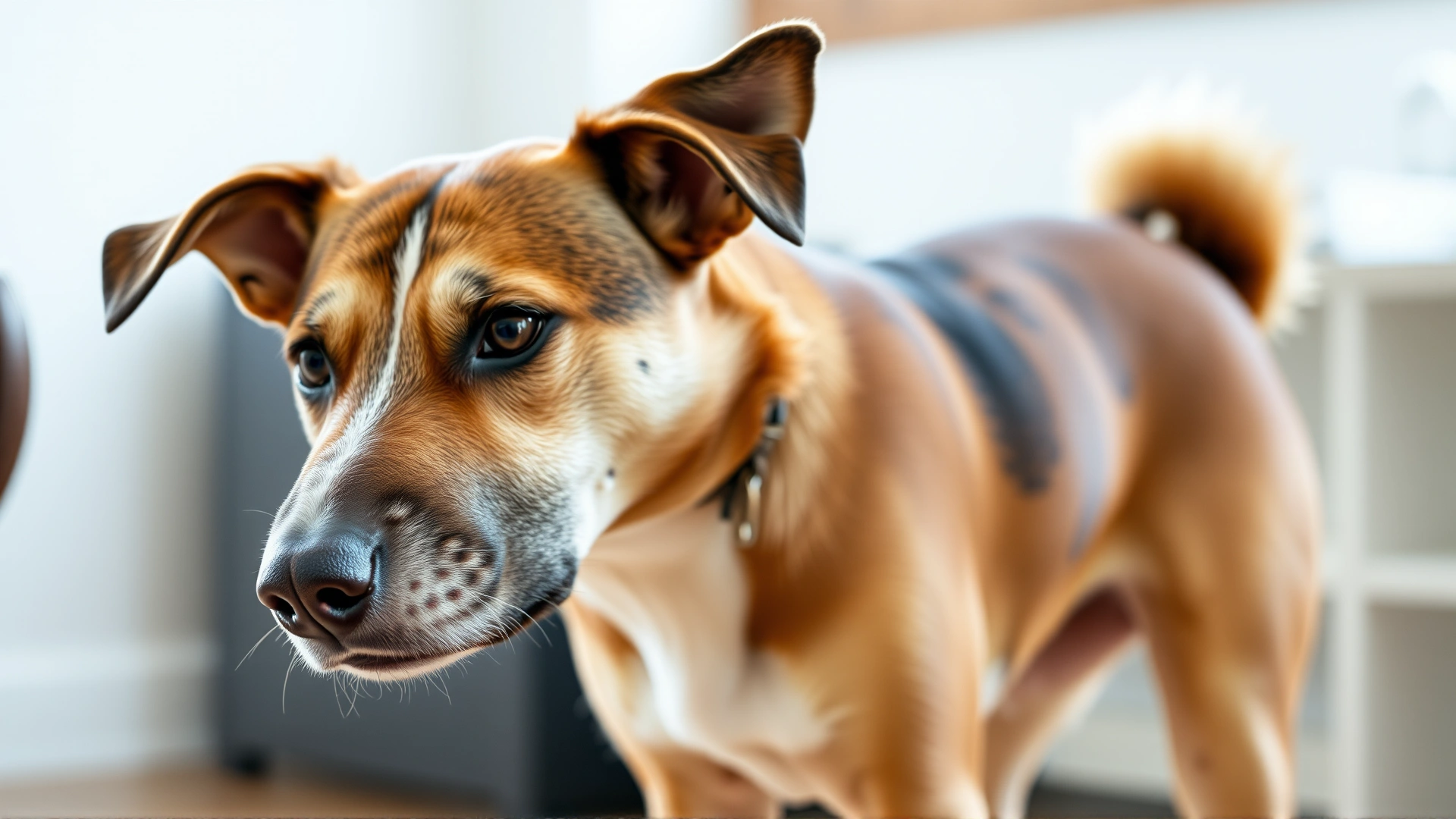 Close-up photo of a mixed-breed dog with tail tucked and ears flattened, demonstrating canine stress body language, indoor setting, natural lighting.
