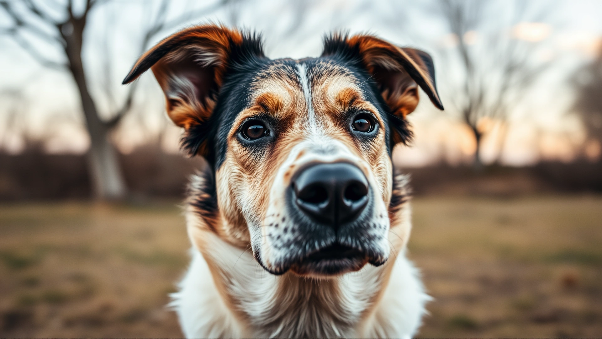 Close-up photo of a dog in a neutral outdoor setting, captured mid-pant with soft eyes and relaxed ears, emphasizing readable body language cues.