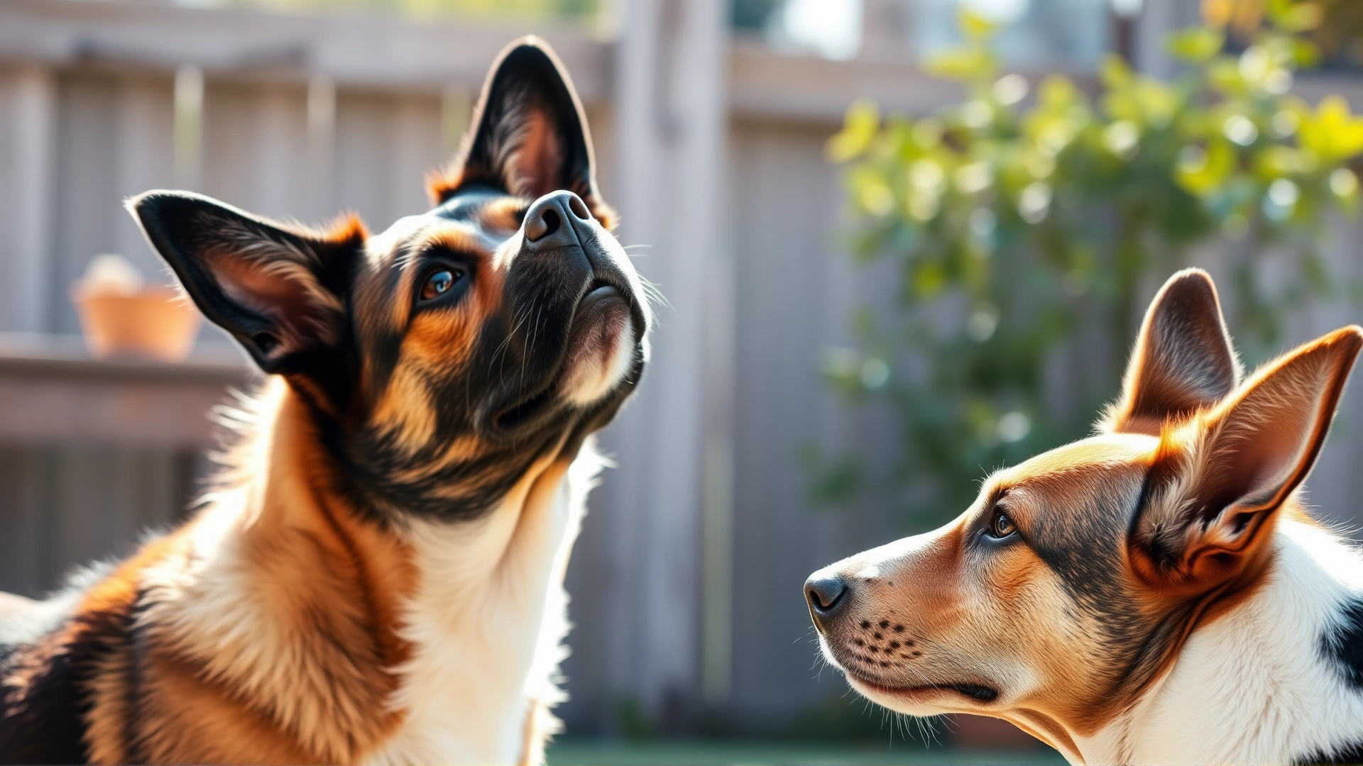 Medium shot of a dog tilting its head while observing another dog with ears perked up, illustrating canine body language cues, sunny backyard, no text