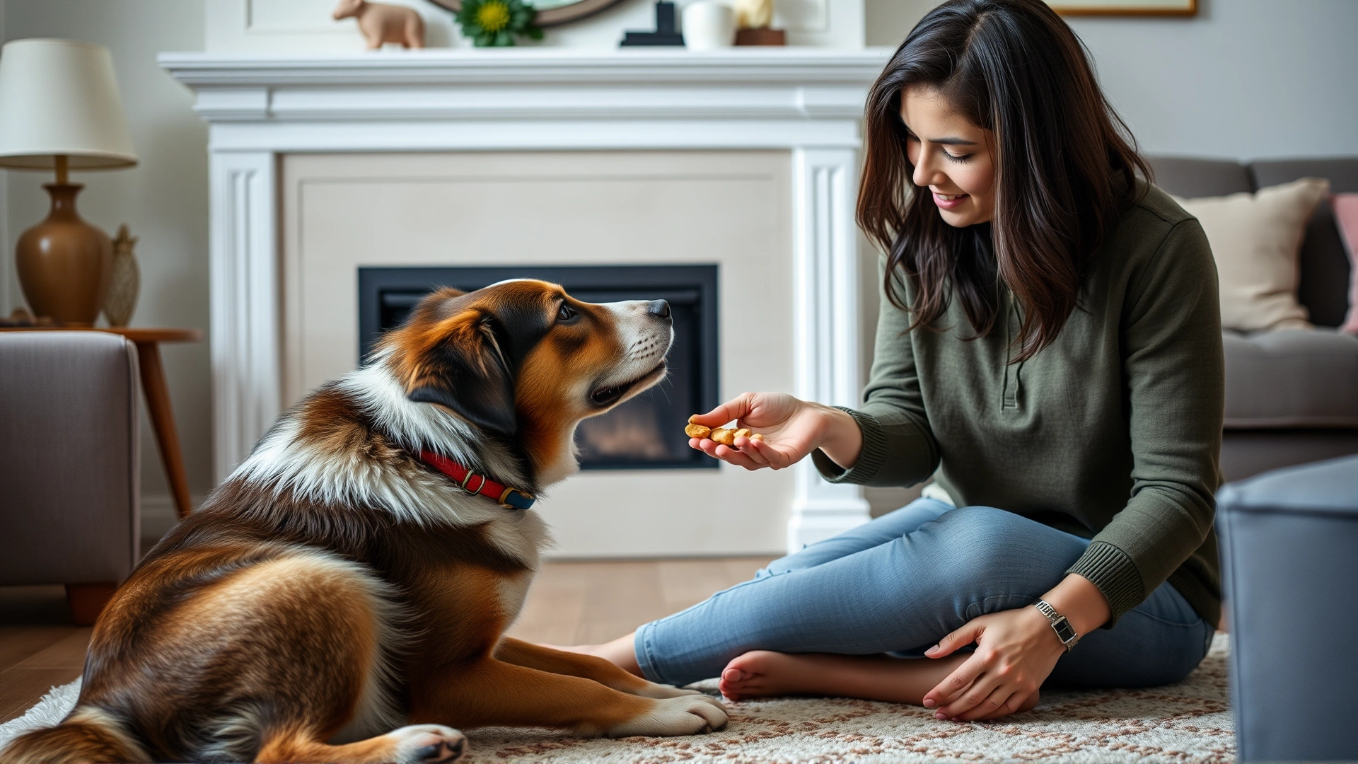 An owner sitting on the floor gently feeding treats by hand to a shy rescue dog in a cozy living room, illustrating early trust-building.