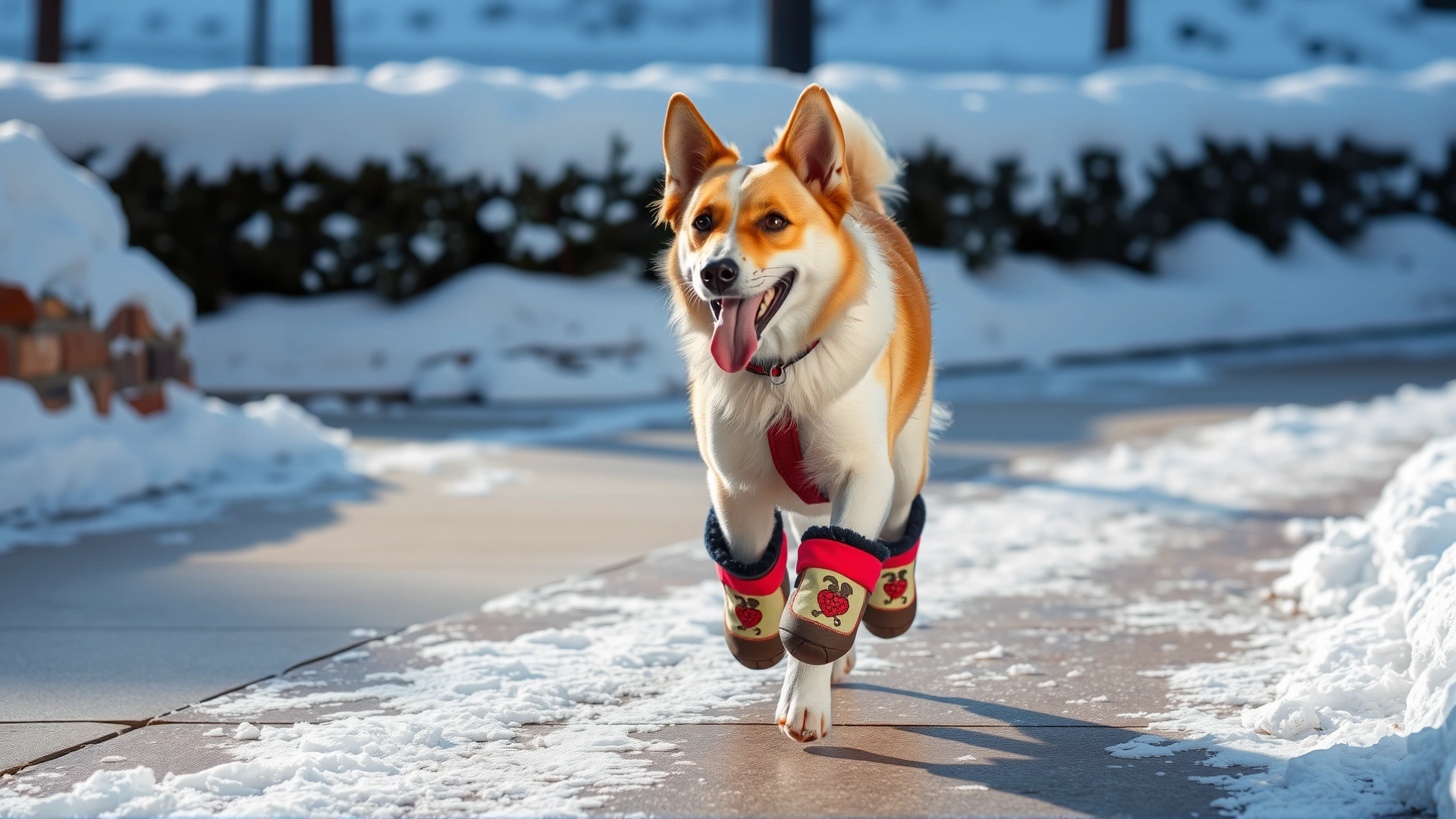 Medium-sized dog happily trotting on a salted winter sidewalk while wearing colorful protective booties; snowbanks in background; no text