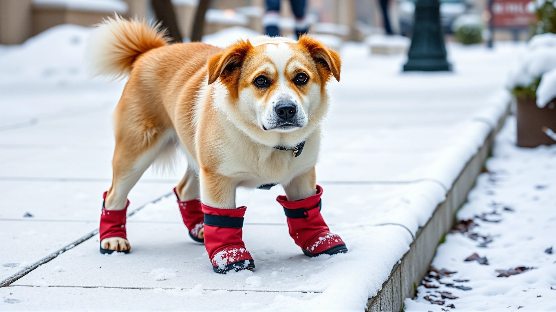 Medium-sized dog wearing red waterproof booties while standing on a snowy sidewalk