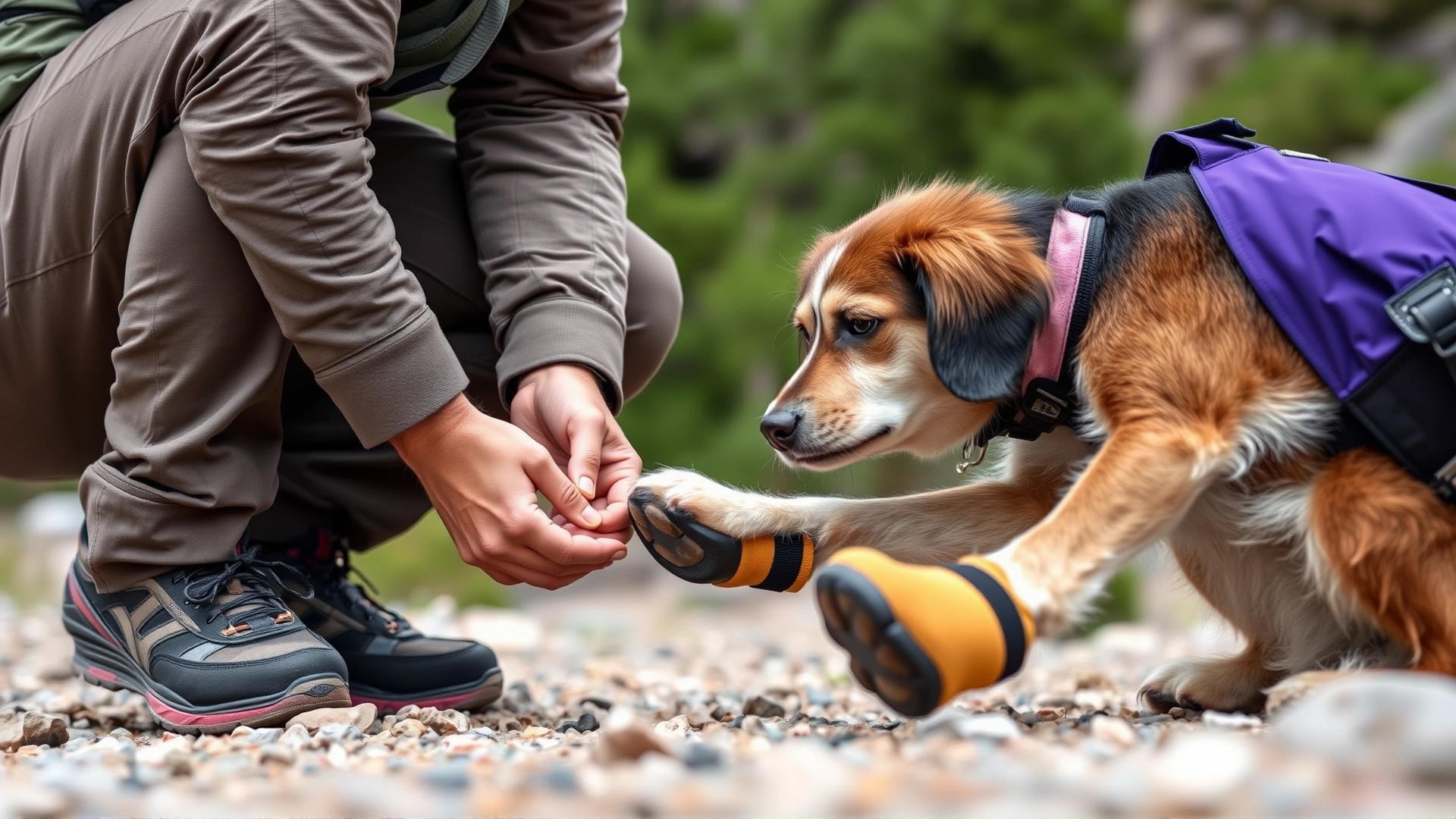 Owner crouching to secure protective booties on dog paws before a hike over rocky terrain.