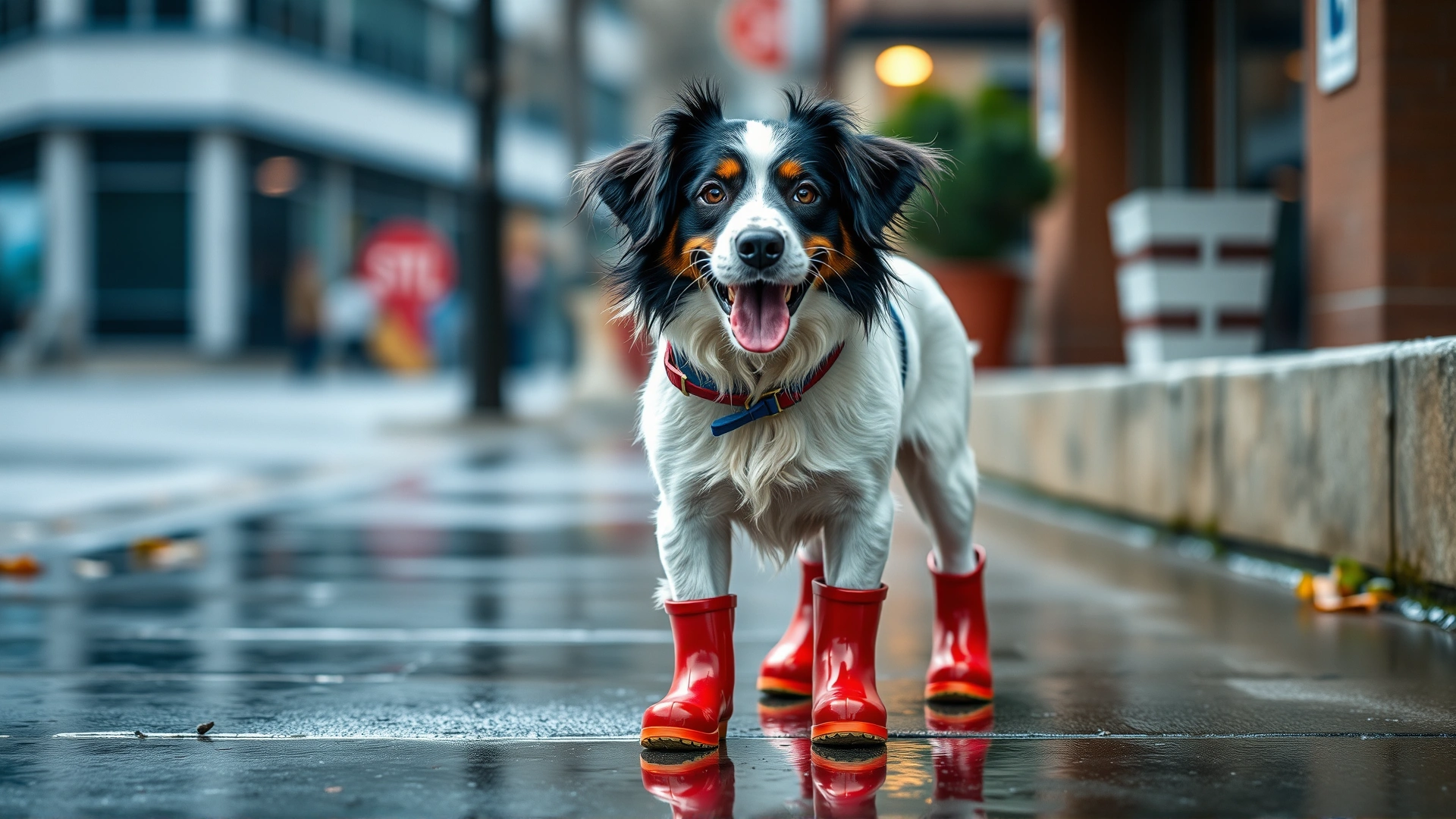 A friendly dog wearing colorful rubber booties standing on a wet urban sidewalk, shallow depth of field