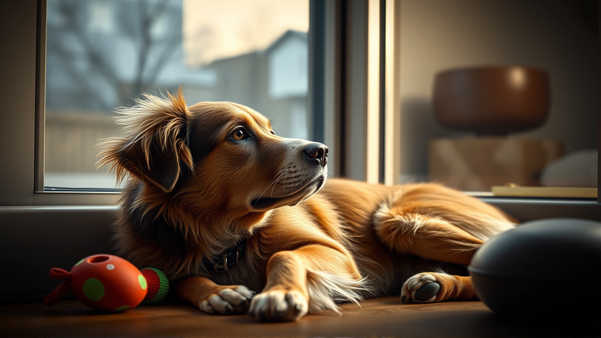 Bored dog lying indoors next to a chew toy, looking out of a window with a sigh, soft indoor lighting