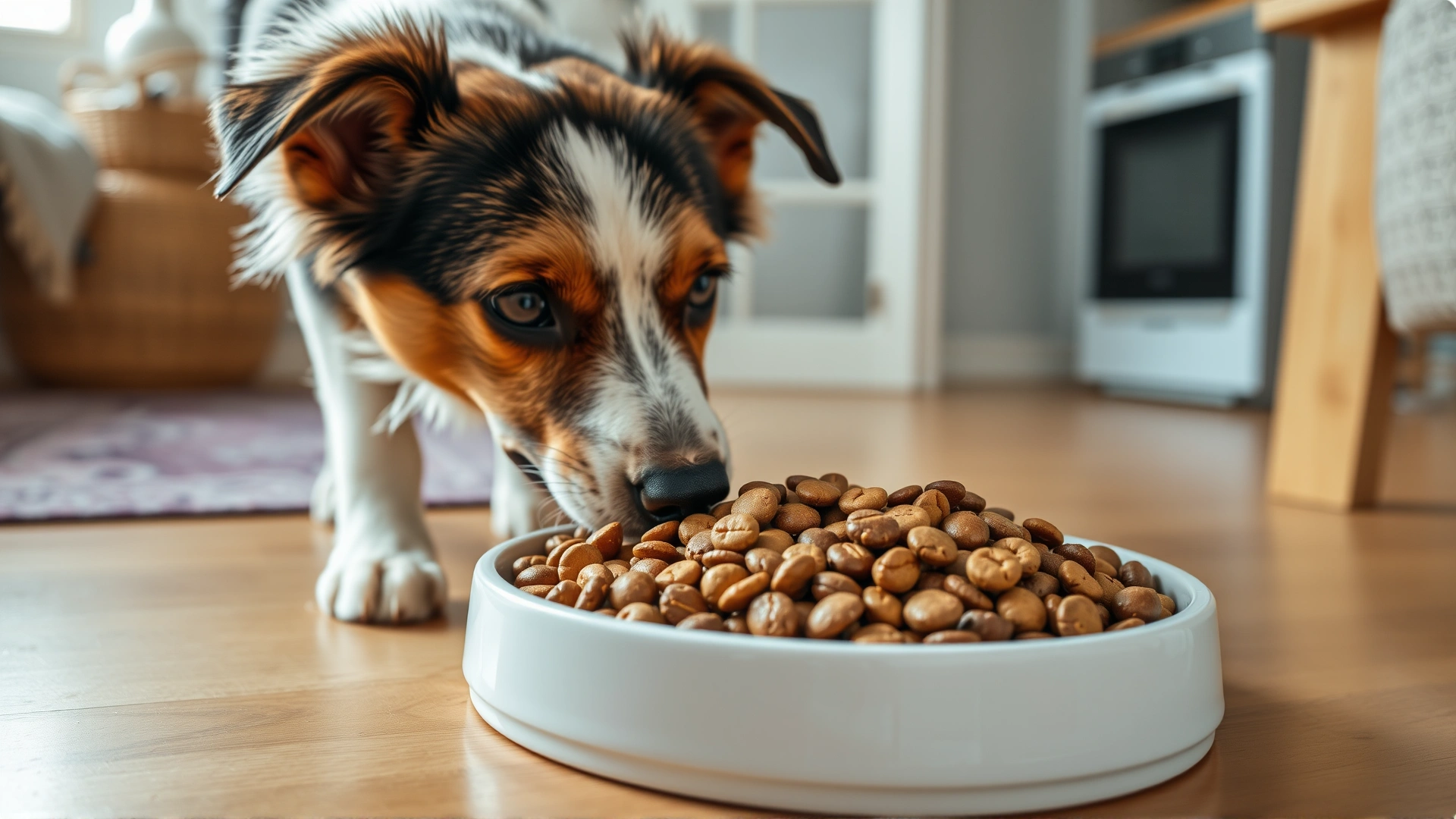 Medium shot of a mixed-breed dog sniffing a bowl filled with colorful organic kibble, wooden floor, cozy home setting