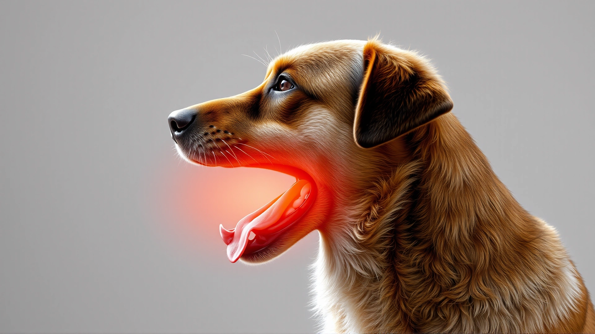 Side profile of a short-haired dog with mouth open and chest visibly expanding, illustrating labored breathing