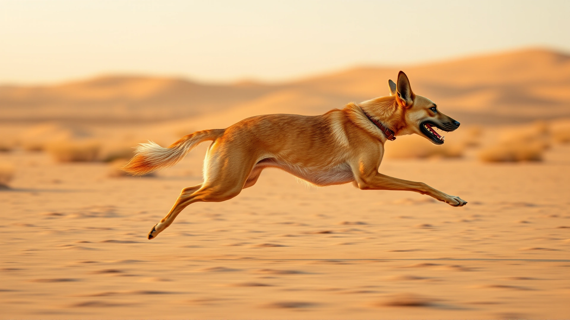 A sleek Azawakh dog in full side profile running across a desert landscape with warm evening light.