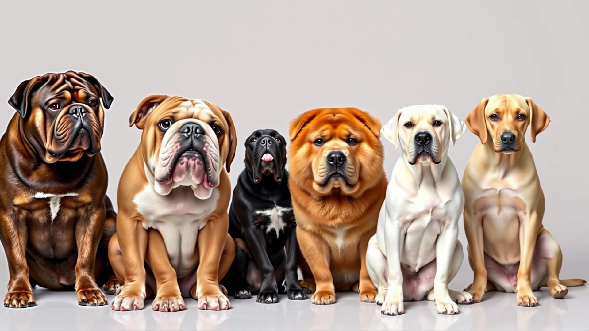 Collage style image featuring multiple dog breeds prone to entropion, including Shar-Pei, Bulldog, Basset Hound, Chow Chow and Labrador, all sitting calmly against a neutral background