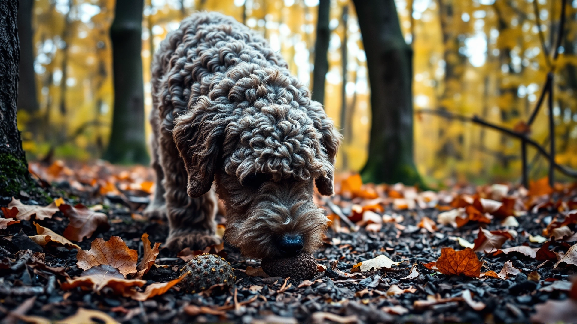 A Lagotto Romagnolo sniffing the forest floor in search of truffles, autumn leaves scattered around.