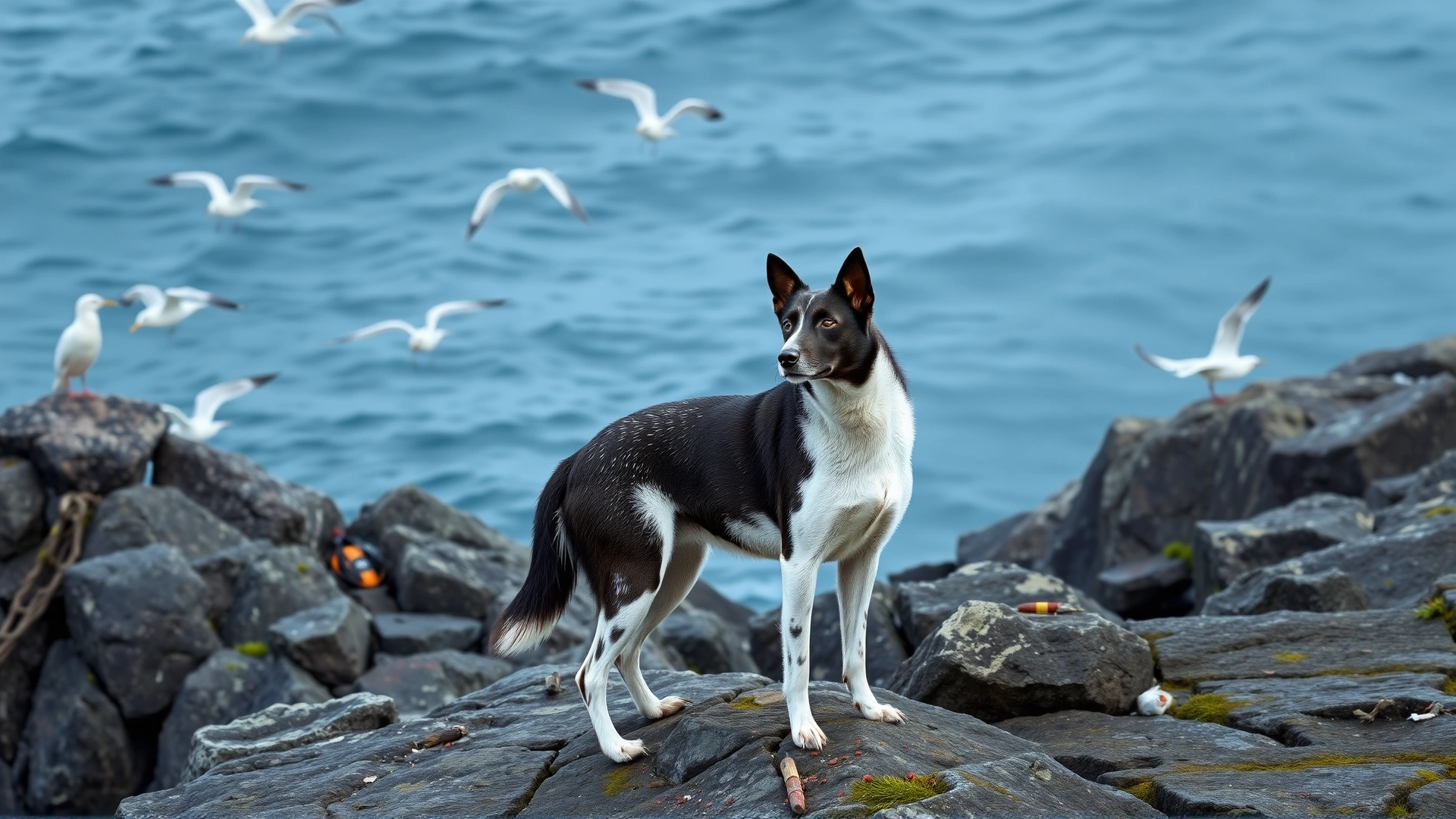 A Norwegian Lundehund standing on rocky coastal cliffs with seabirds in the background, showing its natural hunting environment.
