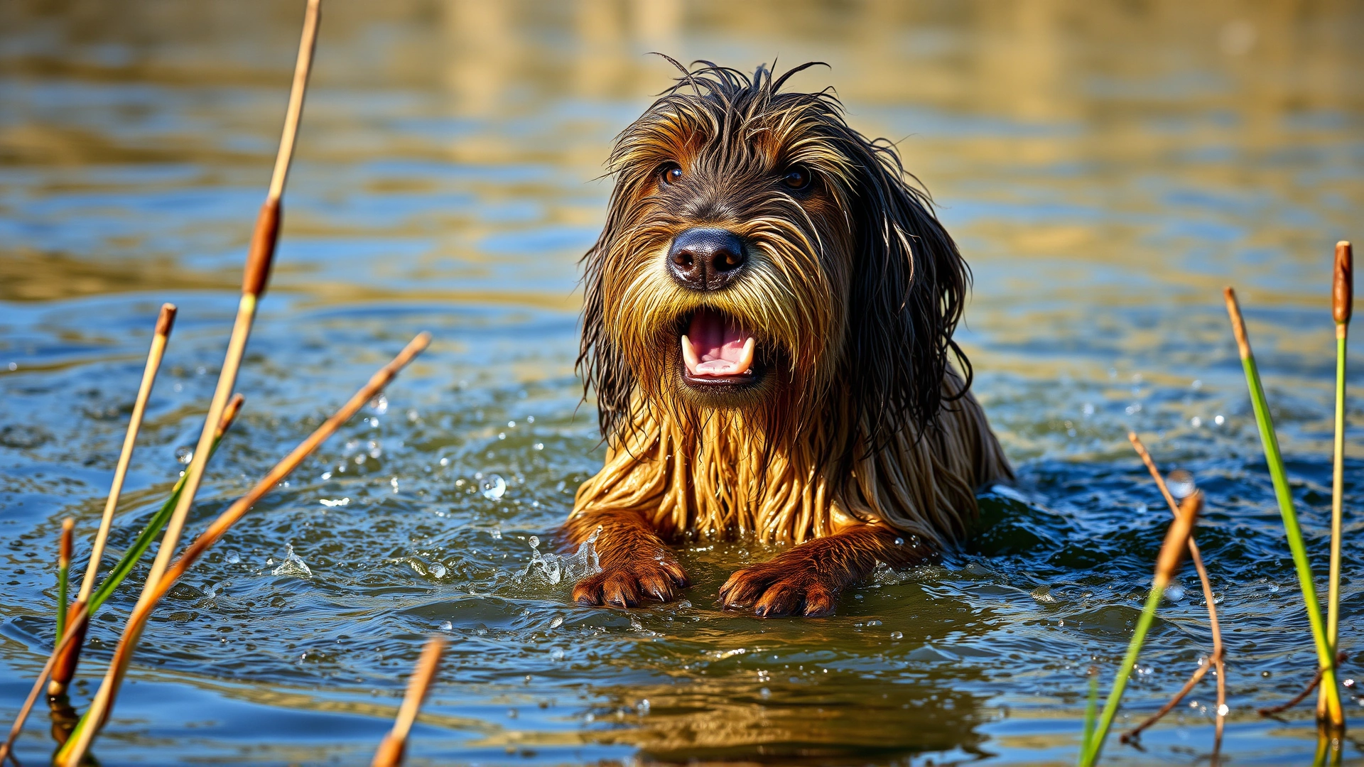 A wet Otterhound emerging from a clear river surrounded by reeds, droplets of water flying around.