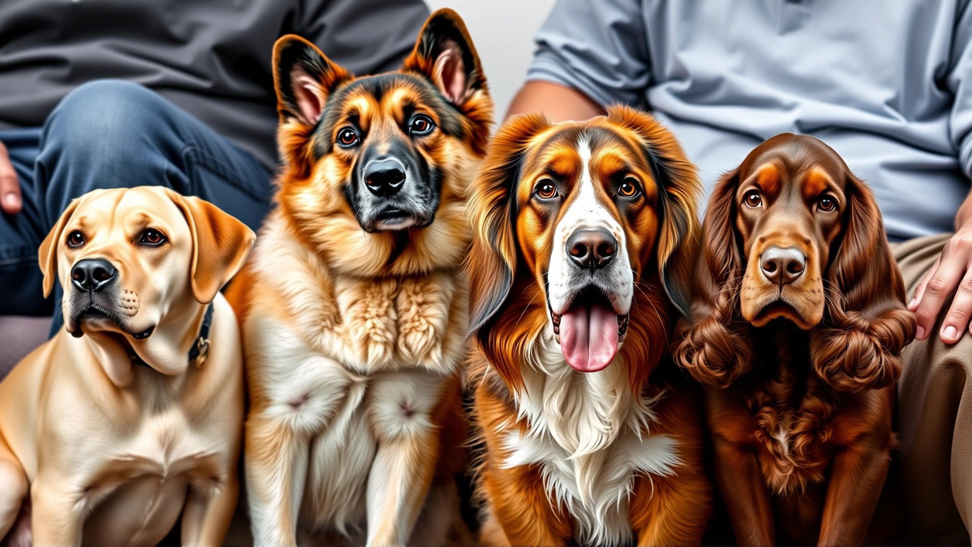 Collage-style photo of different dog breeds (Labrador, German Shepherd, Cocker Spaniel) sitting next to their owners to highlight breed predispositions.