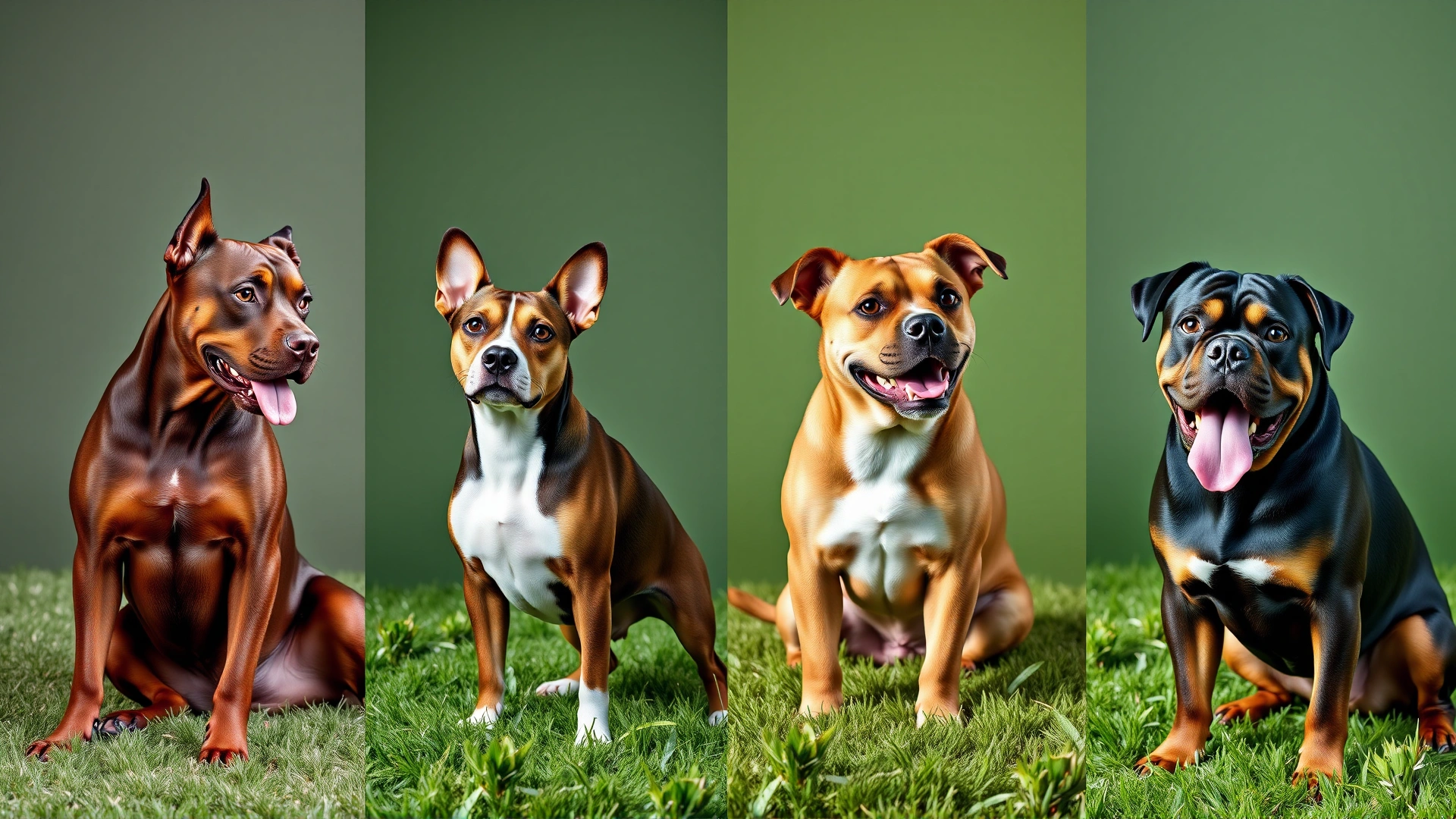 Collage of four modern dog breeds commonly associated with tail docking (Doberman, Boxer, Corgi, Rottweiler) sitting or standing on fresh green grass, studio-quality lighting