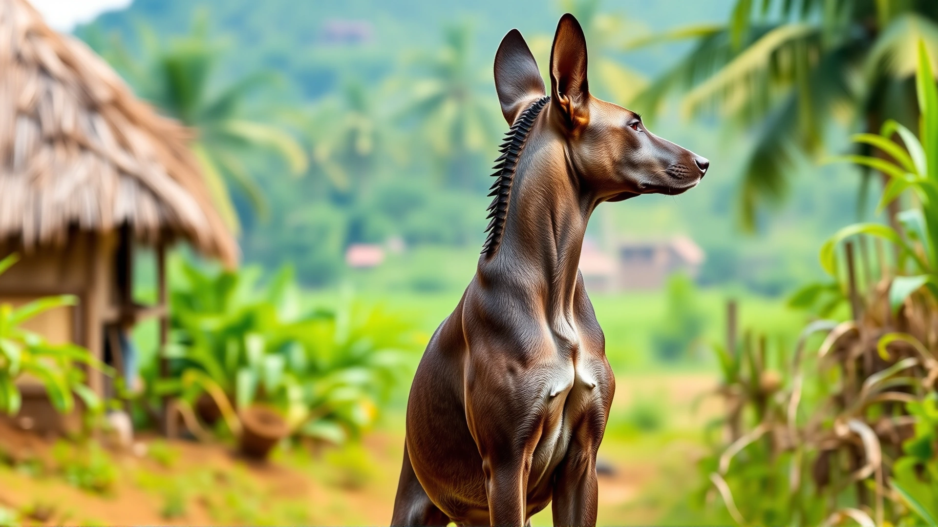 A Thai Ridgeback standing alert in a tropical rural landscape, its distinct spinal ridge clearly visible.