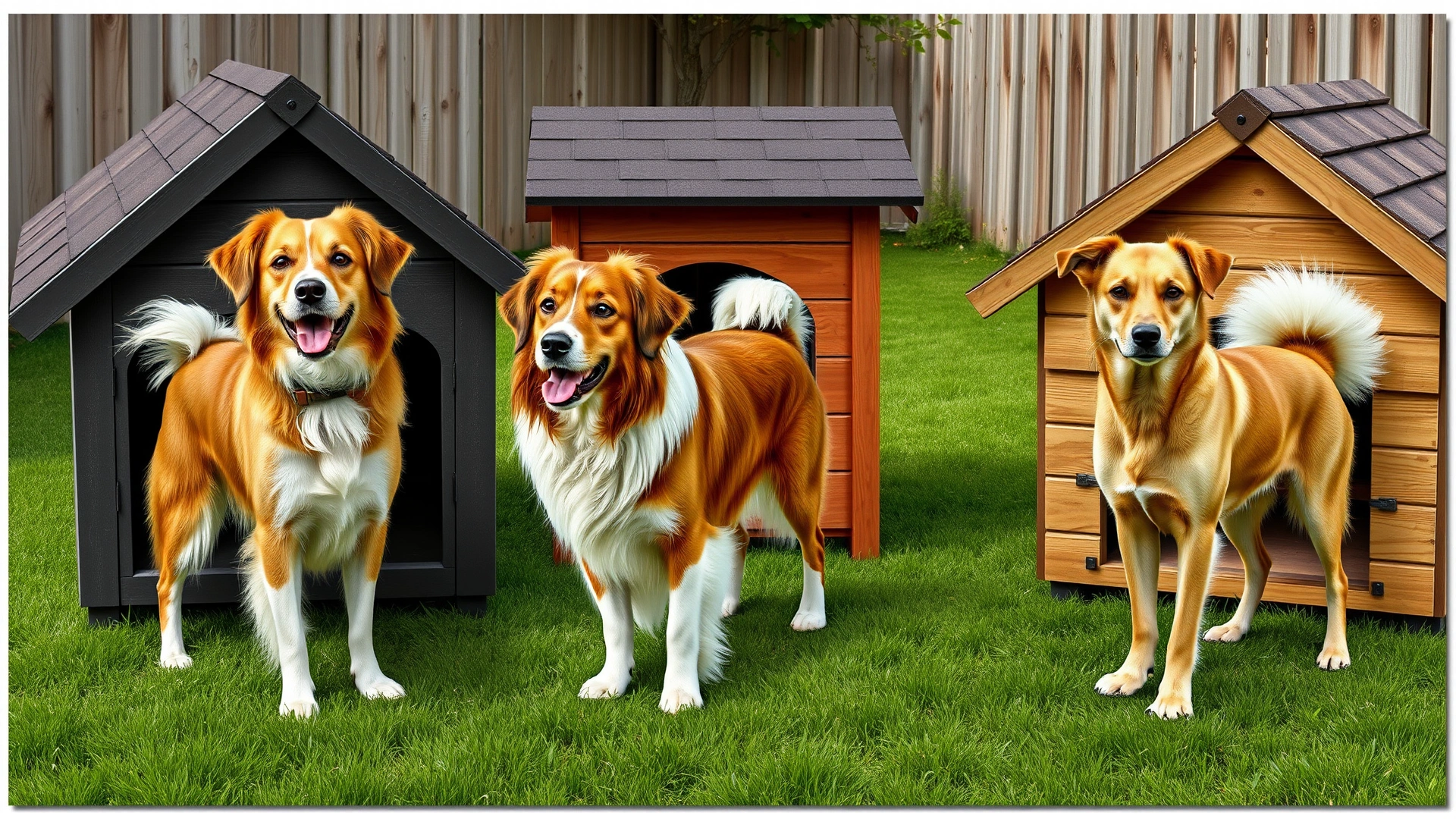 Collage-style image showing three different dog breeds with varying coat lengths standing next to their respective dog houses in a backyard.