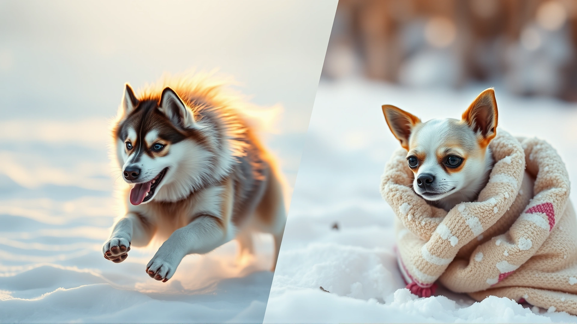 Split-screen style image showing a fluffy Siberian Husky running through deep snow on one side, and a shivering short-haired Chihuahua wrapped in a blanket on the other; snowy backdrop; no text