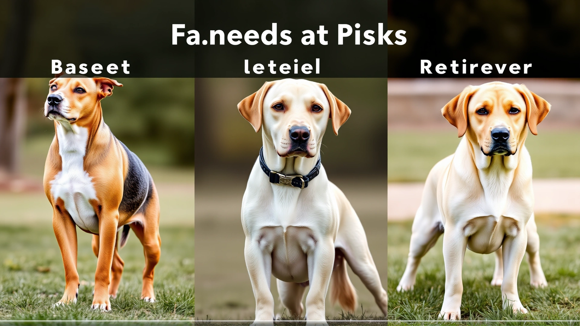 Collage-style photo showing a Basenji, Beagle, and Labrador Retriever standing side-by-side outdoors to illustrate breeds at varying risk of Fanconi syndrome.