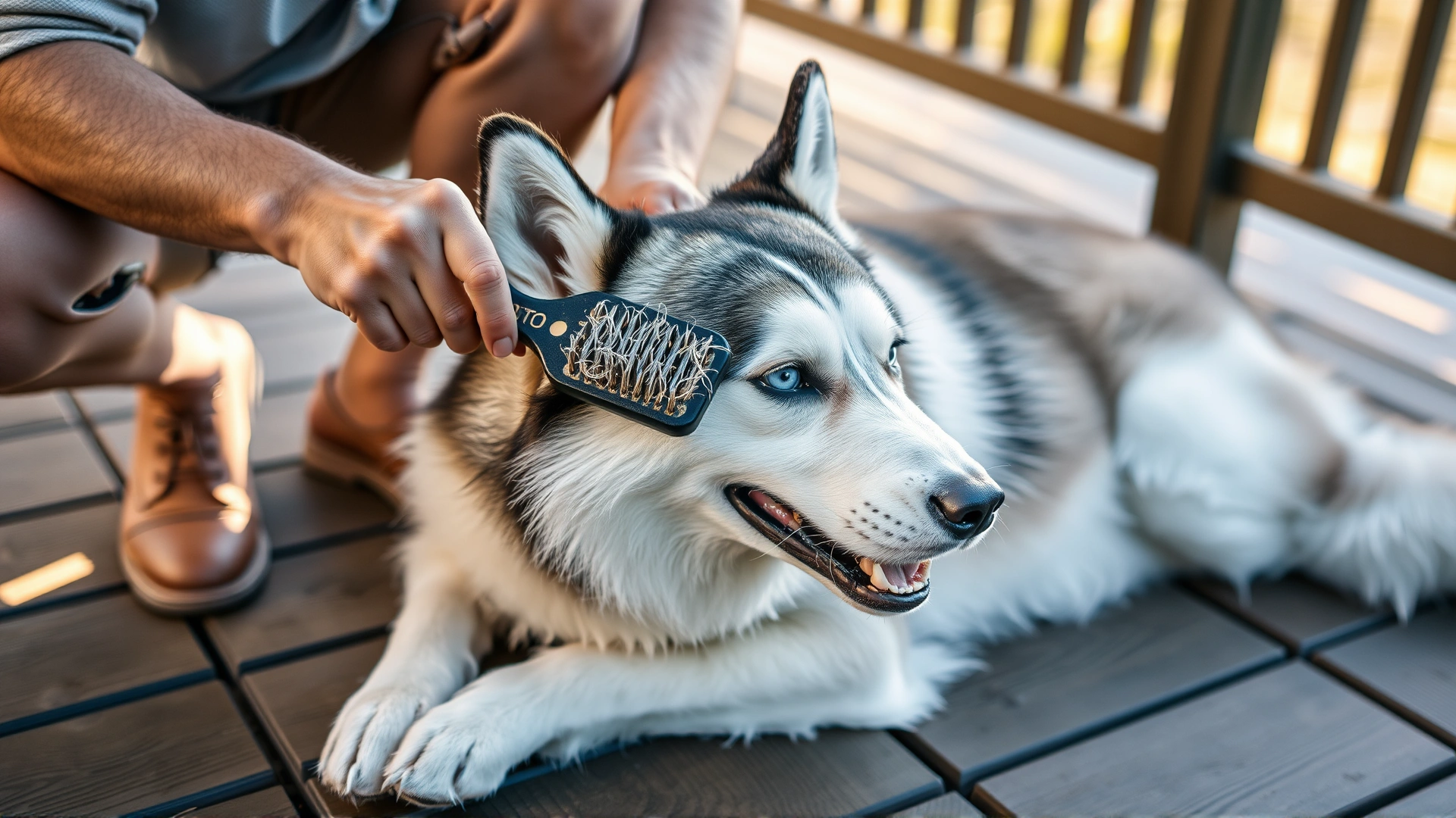 Owner brushing a Siberian husky on a wooden deck; hair accumulating on the brush; natural lighting