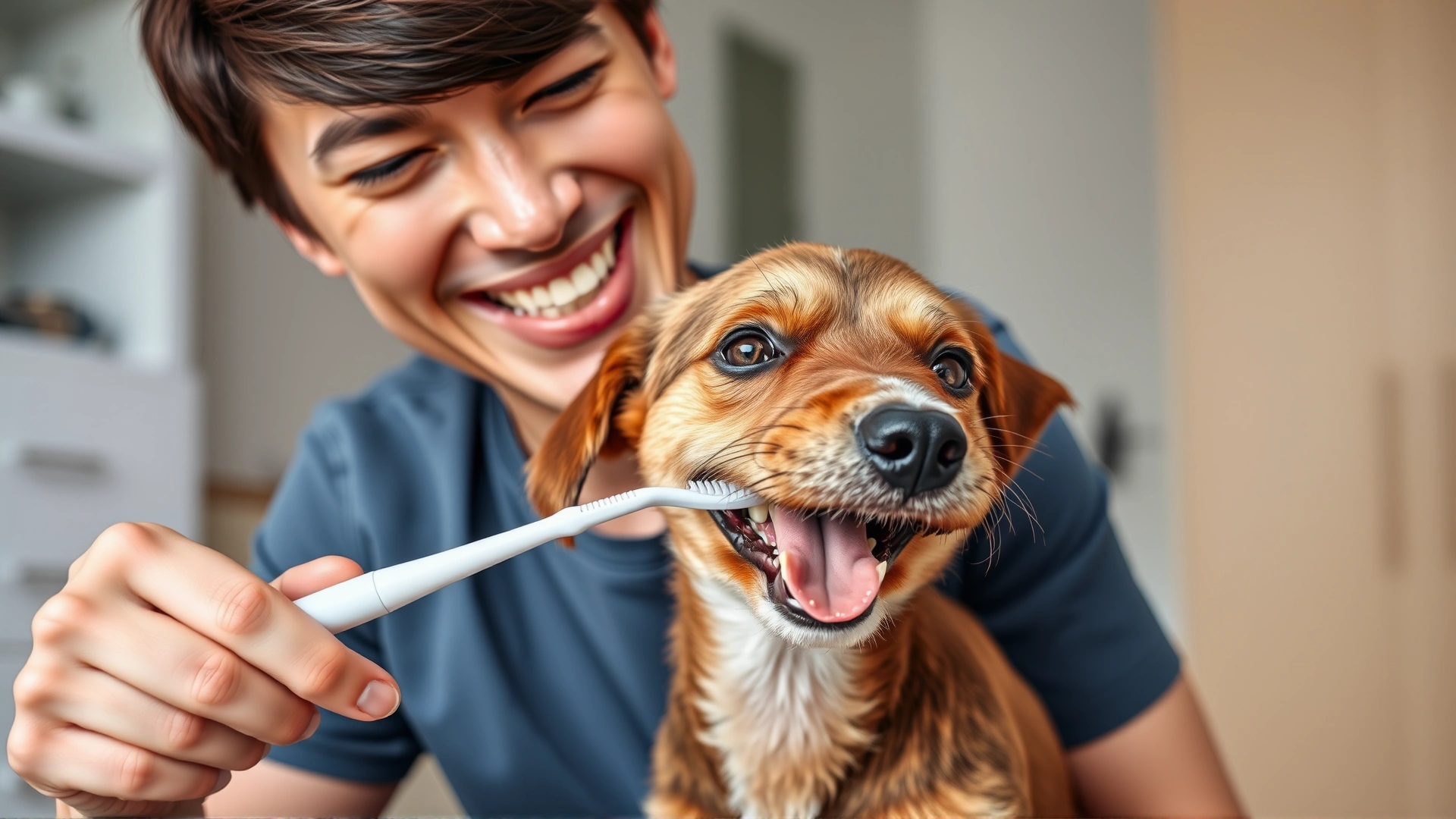 Smiling pet owner brushing a small dog's teeth with a soft toothbrush at home