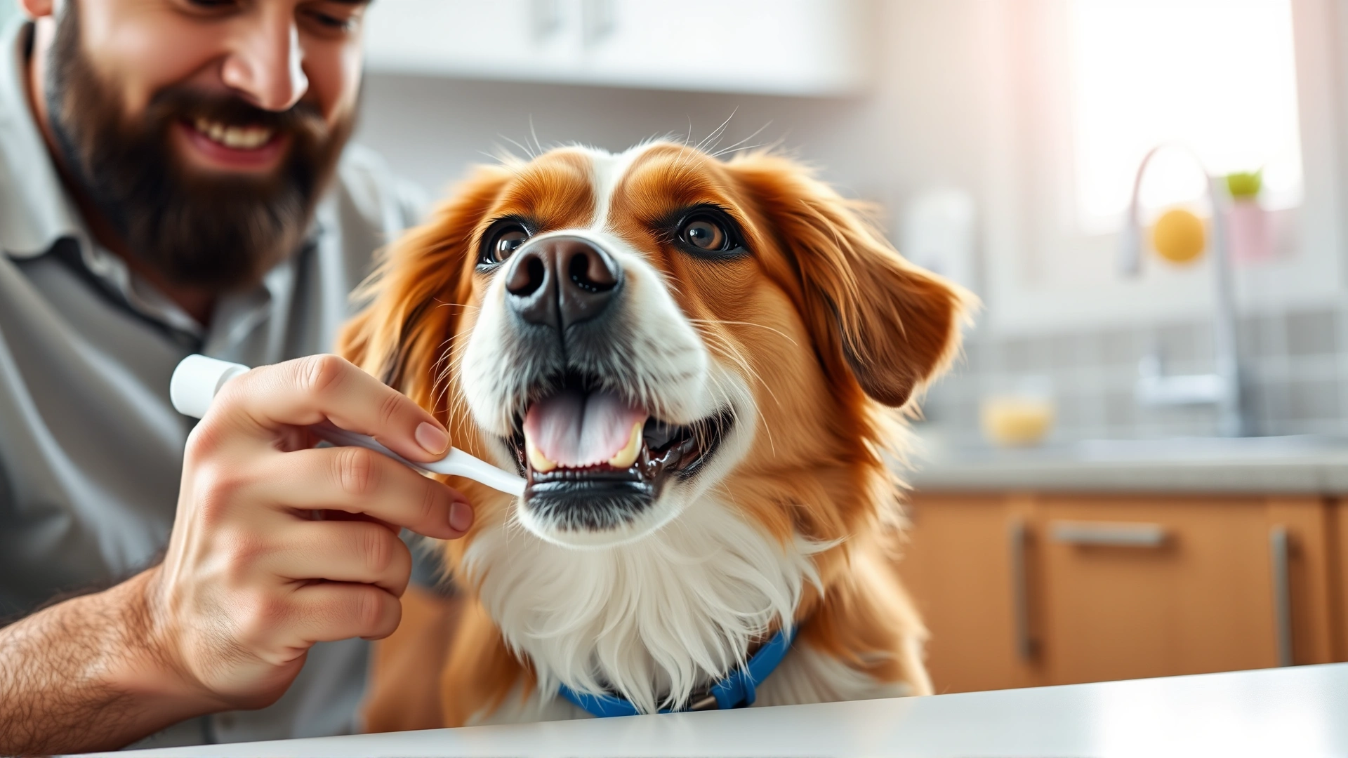 Owner brushing a happy dog’s teeth with canine toothbrush and toothpaste, bright kitchen setting