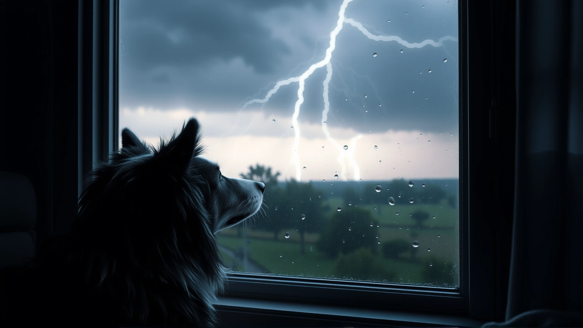 Border collie looking out of a window at a distant thunderstorm, room dimly lit, raindrops on glass, no text