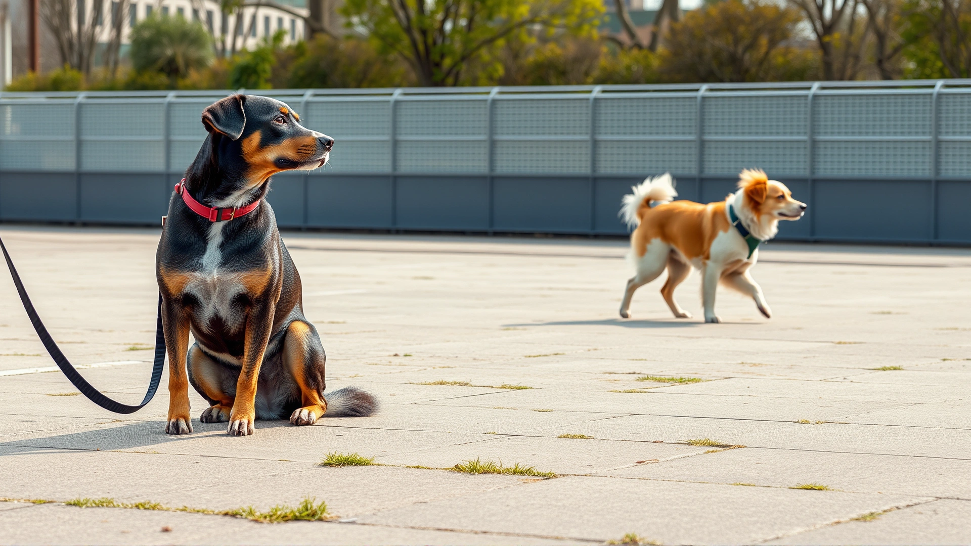 A relaxed dog sitting calmly on a leash while another dog passes by peacefully in the distance.