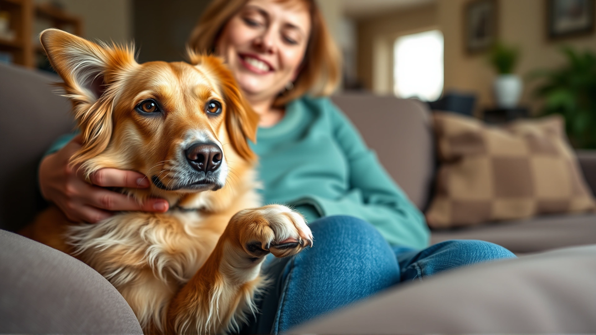 Dog owner gently holding a dog's paw while comforting it on a couch in a cozy home environment, shallow depth of field