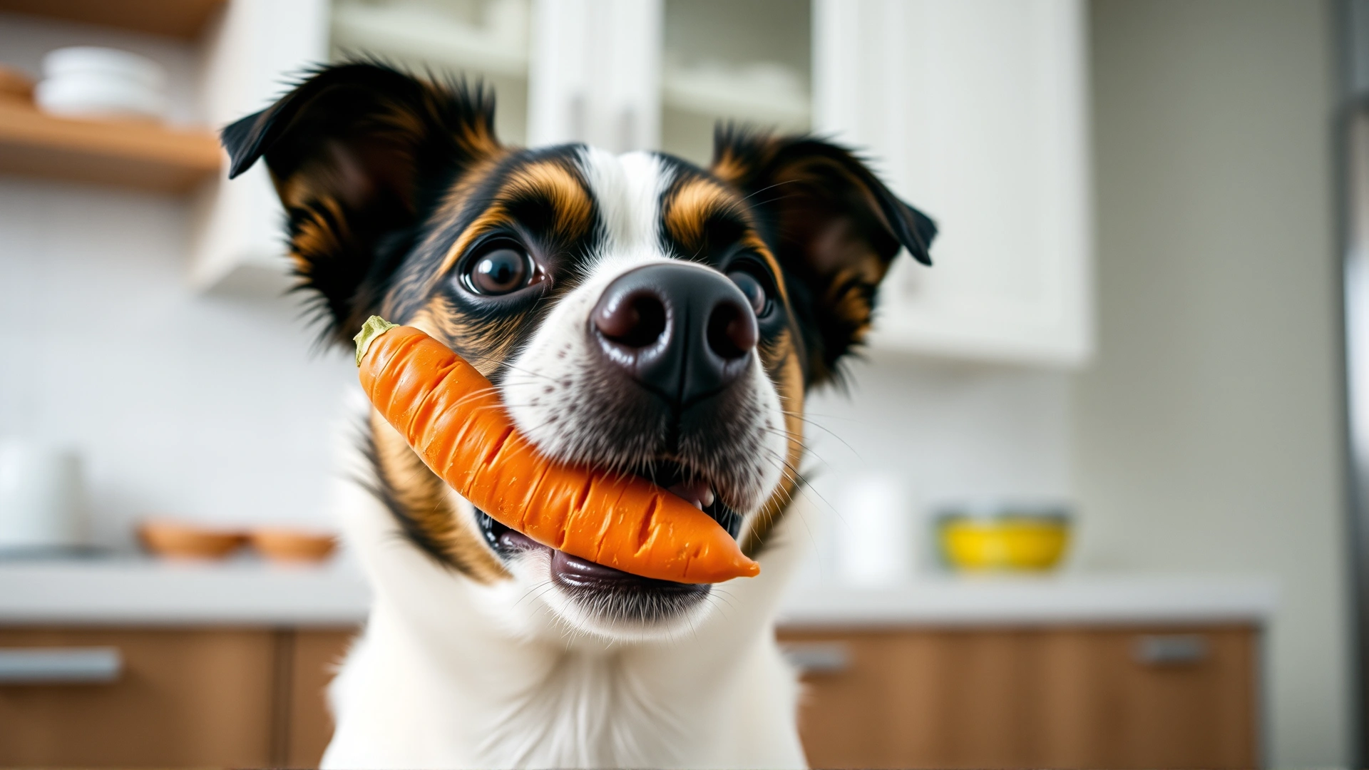 Close-up of a medium-sized dog gently biting on a fresh carrot in a modern kitchen setting, with soft depth of field.