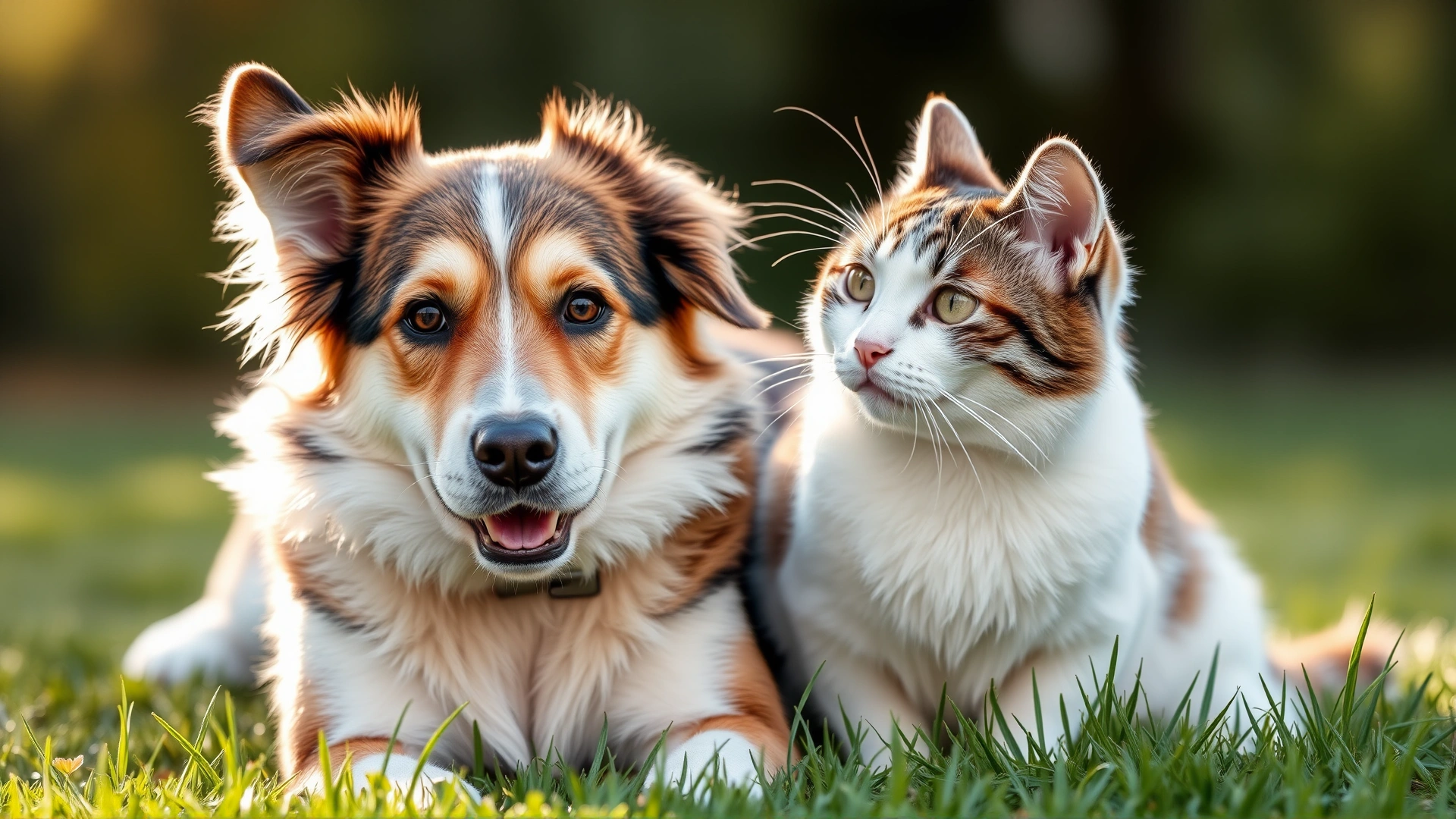 A close-up photograph of a healthy medium-sized dog and a domestic short-haired cat sitting together on green grass under soft daylight.