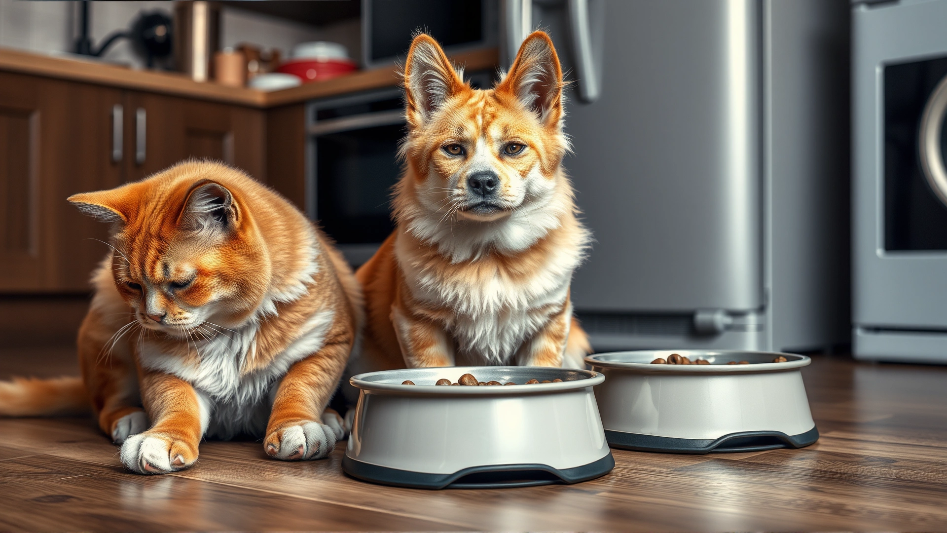 Sad-looking dog and cat sitting near their food bowls on a kitchen floor, subtle indication of stomach discomfort (no text)