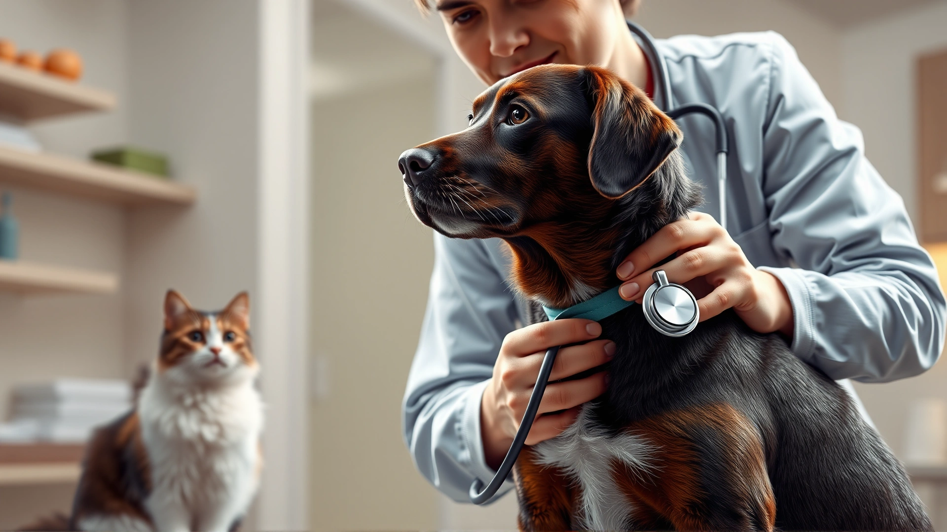 Veterinarian placing a stethoscope on a dog's chest while a cat observes in the background; modern clinic setting, warm lighting