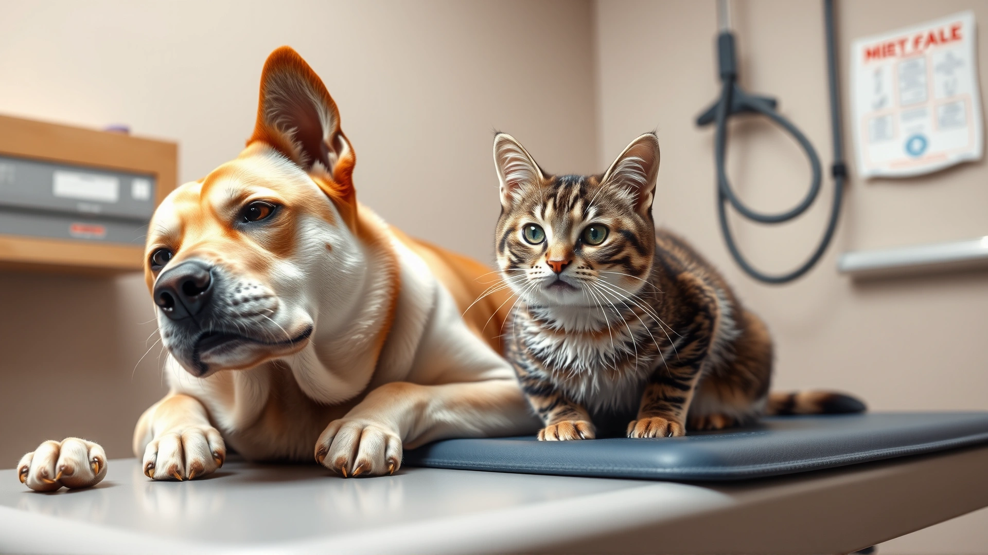 Close-up of a calm dog and cat sitting together on a veterinary exam table, symbolizing multi-species treatment.