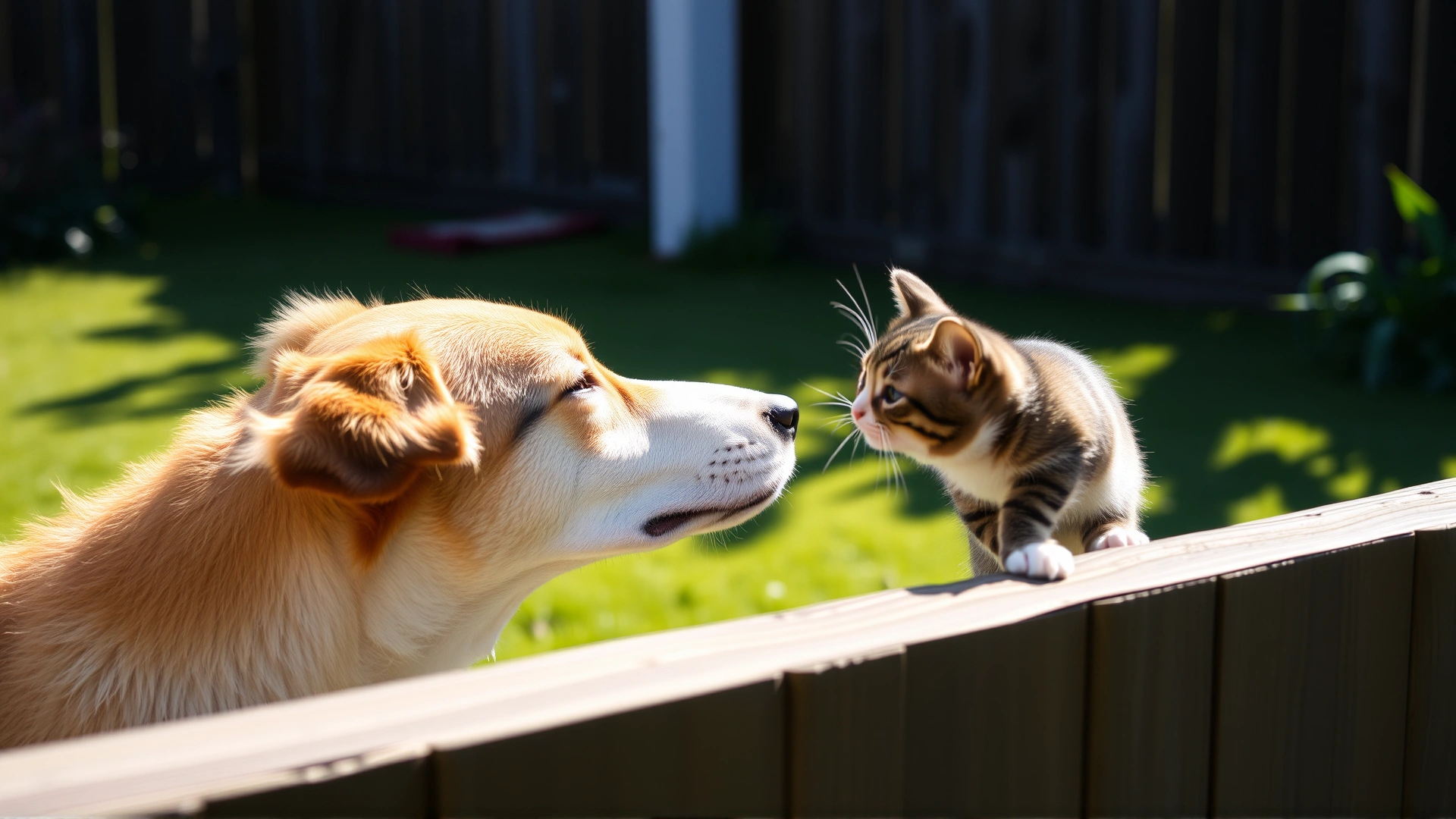Dog sniffing a cat through a backyard fence, emphasizing cross-species interaction; sunny natural lighting