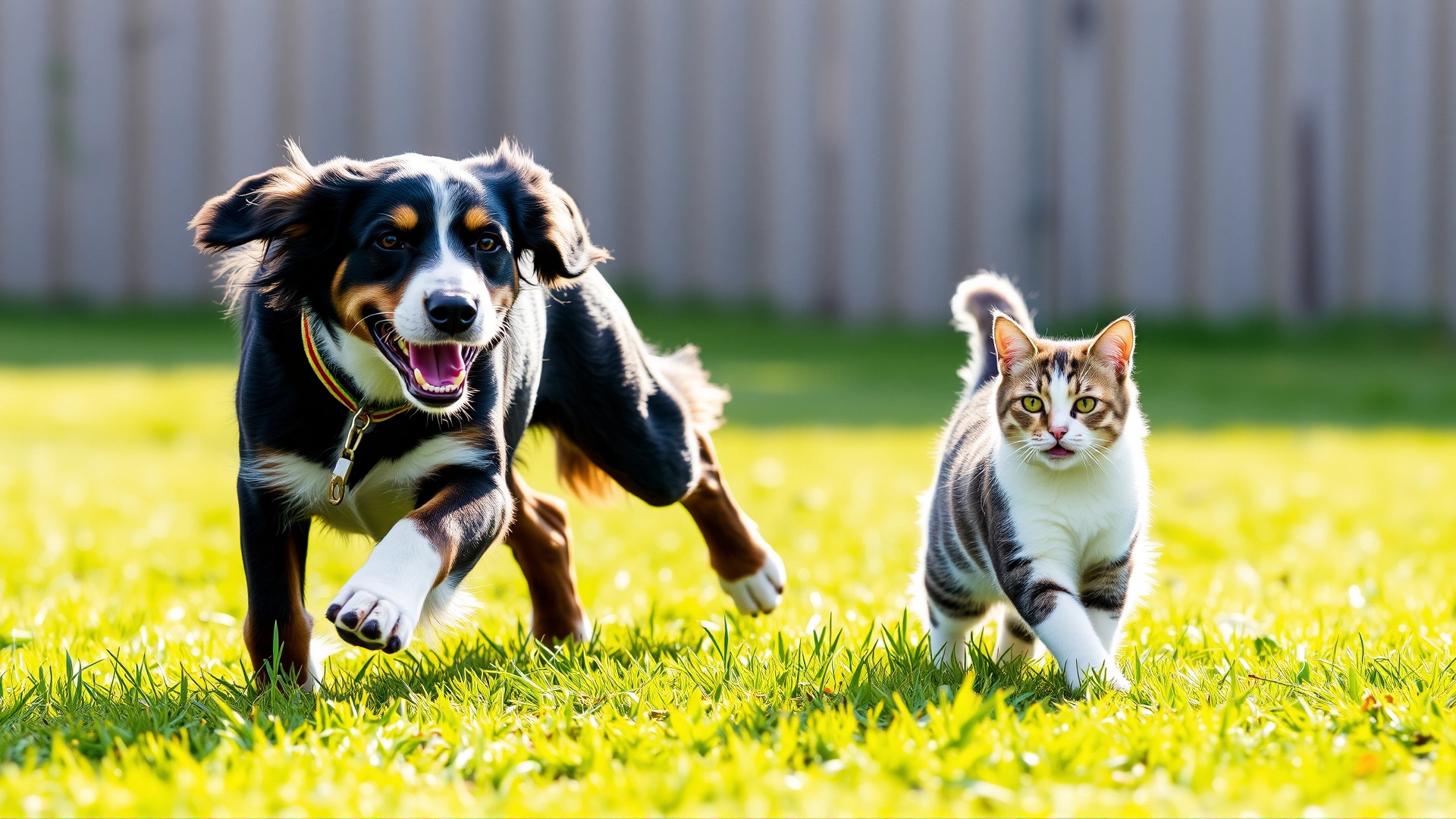 Playful dog and cat running together on lush green grass, sunlight highlighting their healthy coats, symbolizing parasite-free pets.