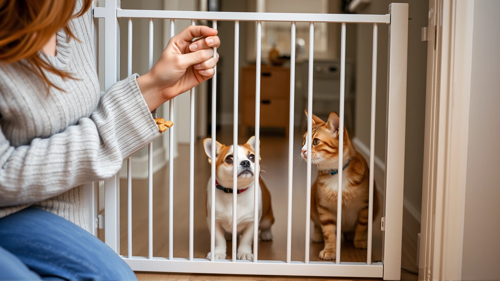 Pet parent holding treats while introducing a small dog to a resident cat behind a baby gate.