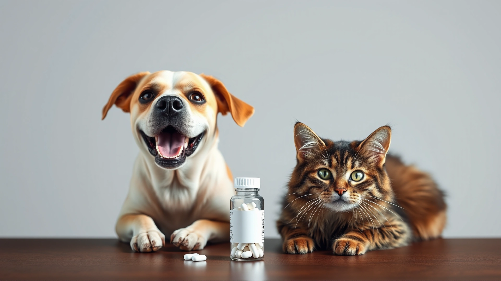 Portrait of a happy dog and cat sitting together beside a small bottle of pills on a table, soft focus, bright lighting.