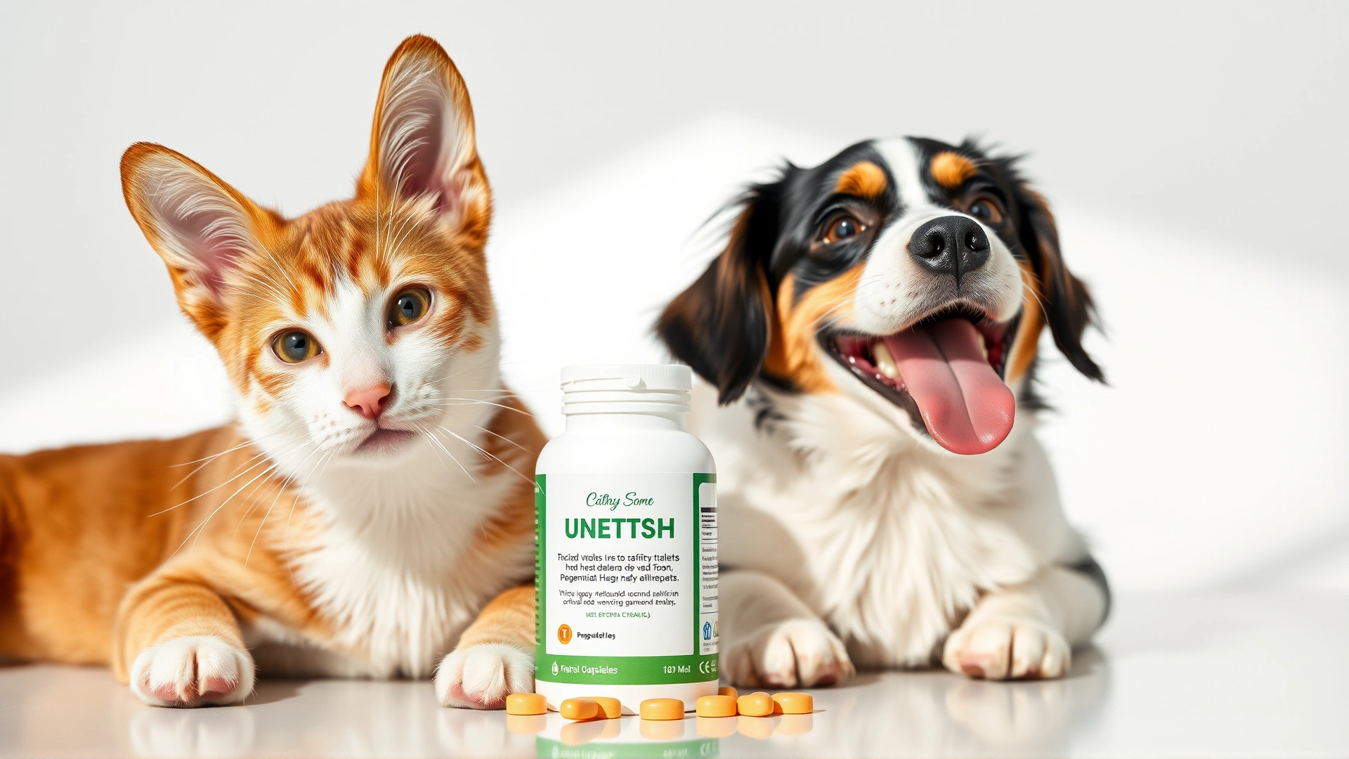 Close-up of a happy dog and cat sitting next to a bottle of veterinary tablets on a clean white background, bright natural lighting.