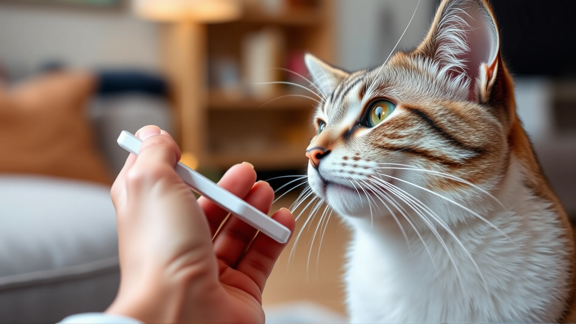 Close-up of human hand offering a white tablet to a short-haired cat; blurred living-room background; emphasizes oral administration, no text.