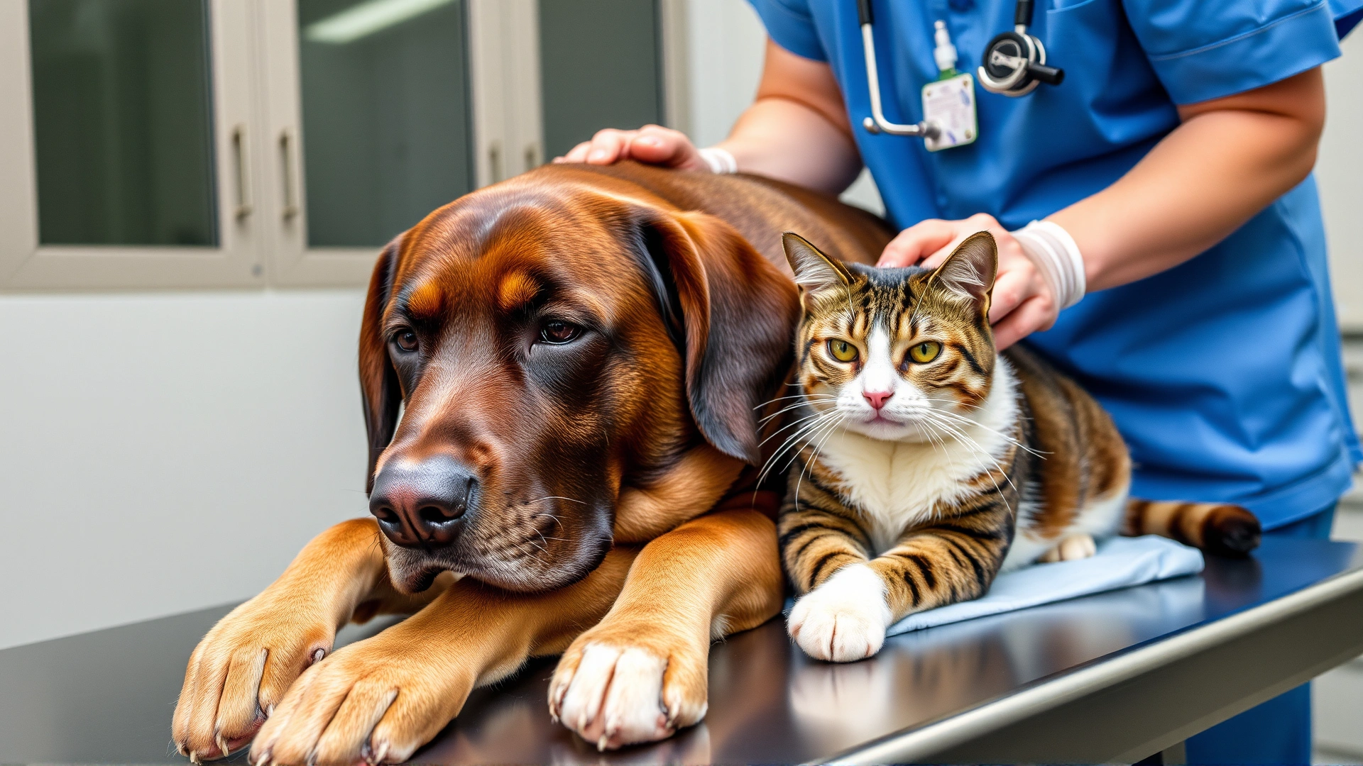 Overweight Labrador retriever and senior domestic shorthair cat being gently prepped for surgery by a veterinary nurse, both appearing calm on the exam table.