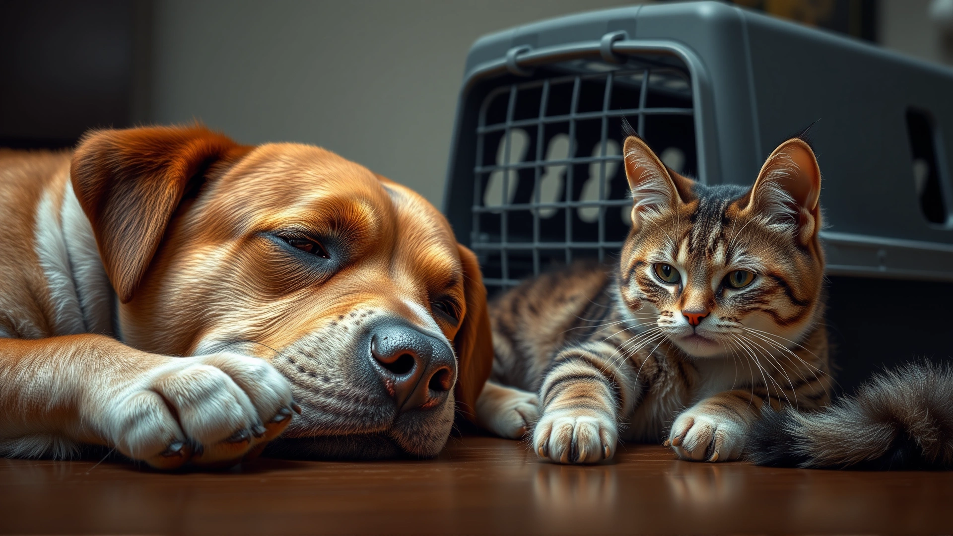 A tired dog resting its head on its paws next to a cat that looks slightly nauseous, indoors near a travel carrier