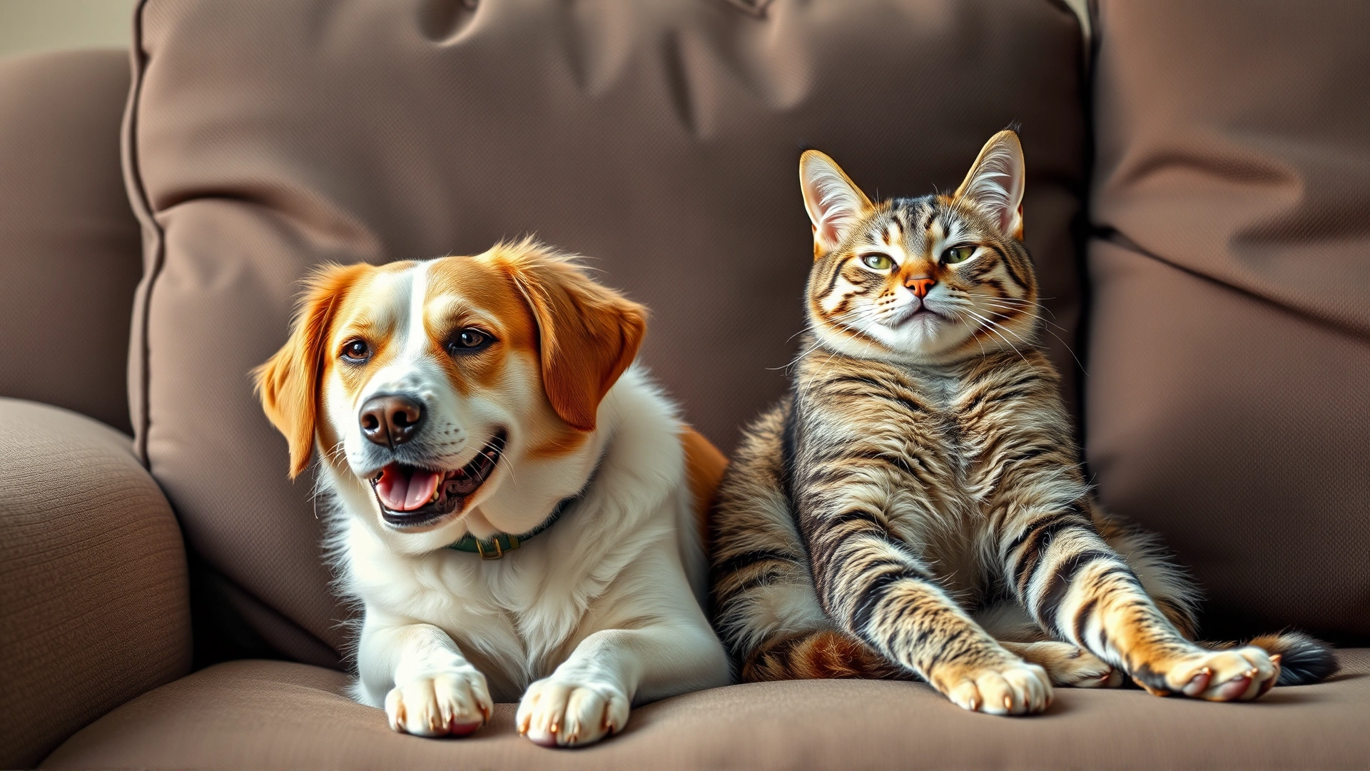 A happy dog and a relaxed cat sitting side by side on a cozy couch, illustrating companionship and shared care.