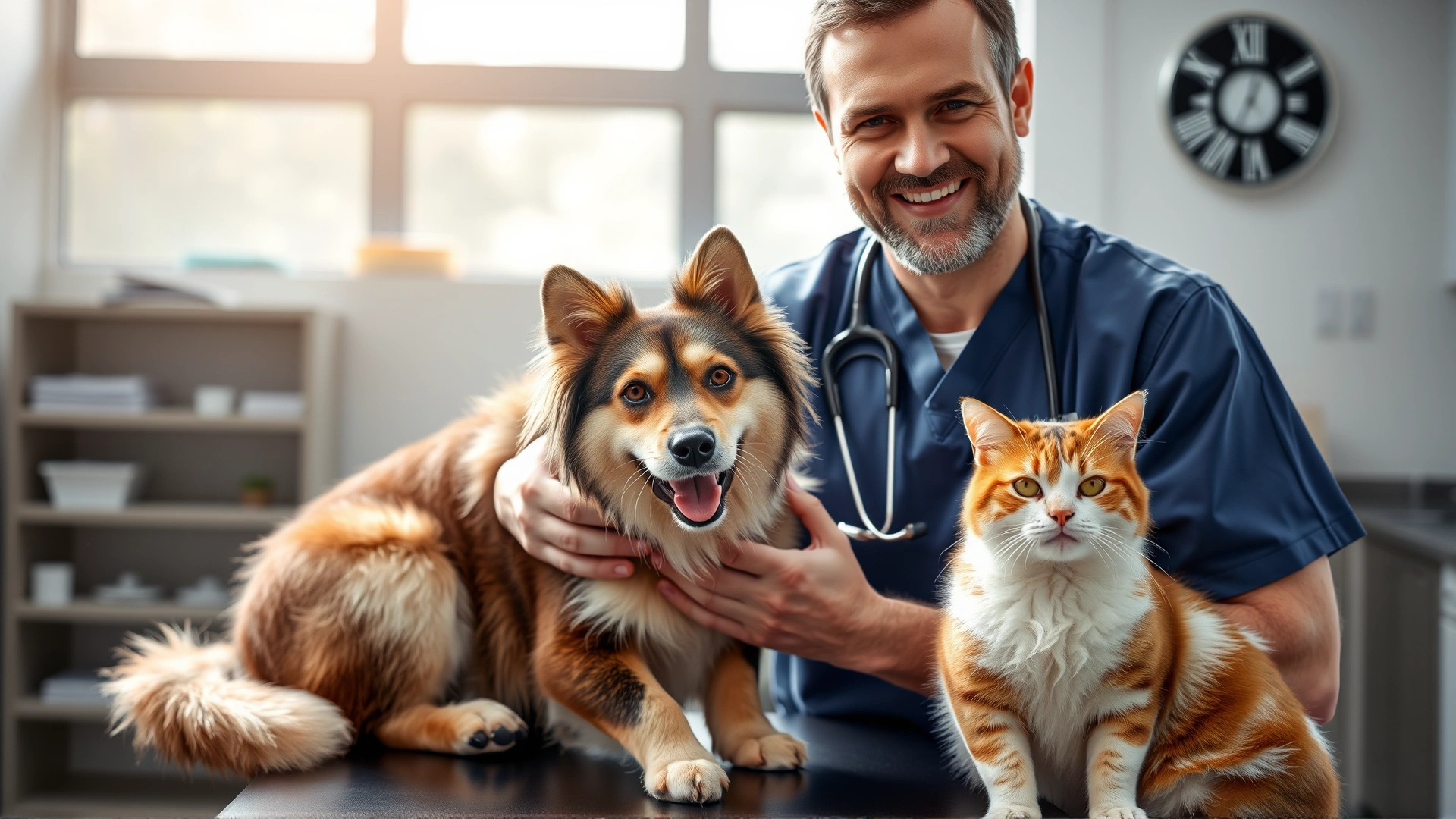 A veterinarian smiling while examining a dog and cat together on an exam table, clinic background with soft natural light.