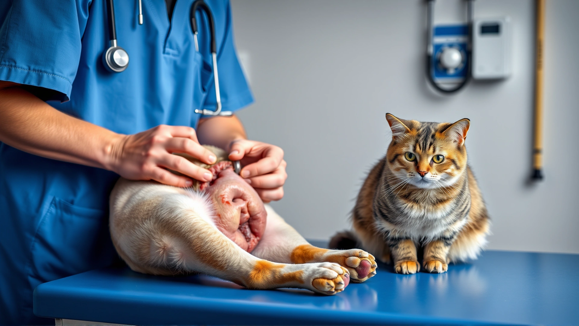A veterinarian examining a dog’s abdomen while a cat sits calmly on the exam table, highlighting gastrointestinal care.